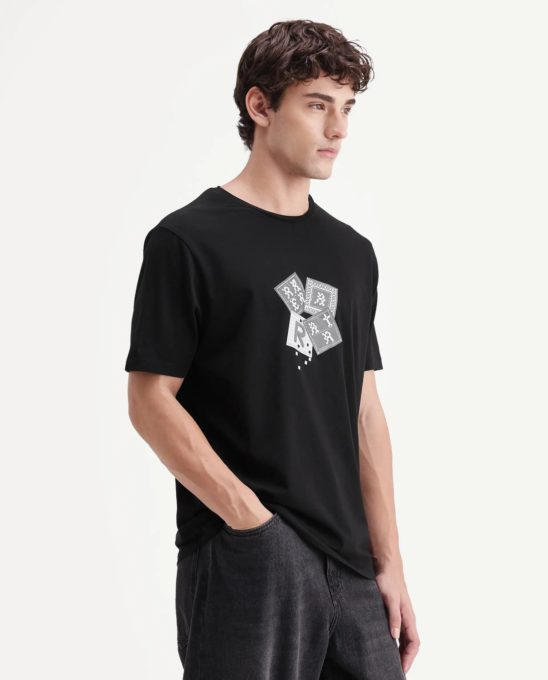 Rare Rabbit Men's Zeko Black Cotton Blend Crew Neck Regular Graphic Print T-Shirt - Image 5
