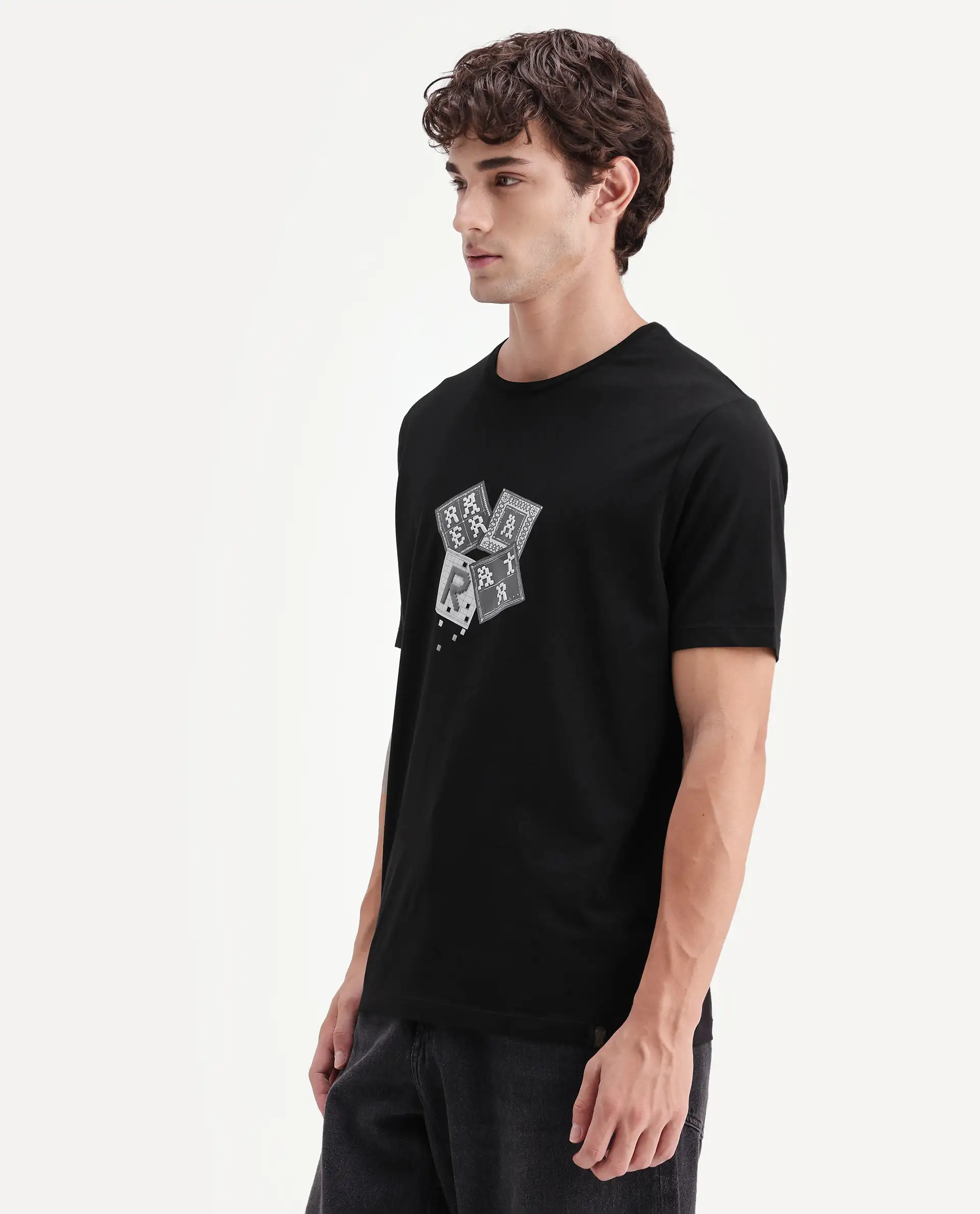Rare Rabbit Men's Zeko Black Cotton Blend Crew Neck Regular Graphic Print T-Shirt - Image 6