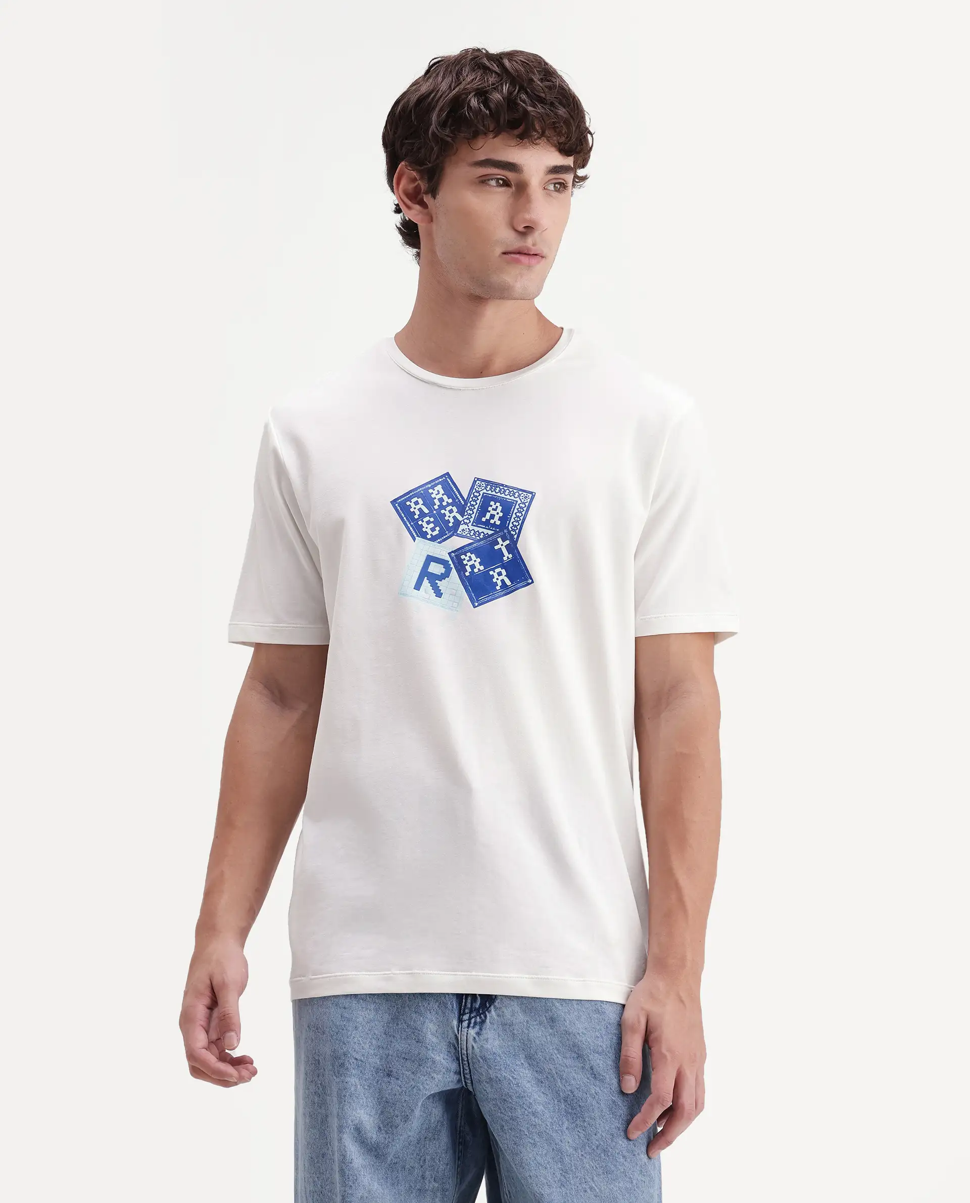 Rare Rabbit Men's Zeko Off White Cotton Blend Crew Neck Regular Graphic Print T-Shirt - Image 4