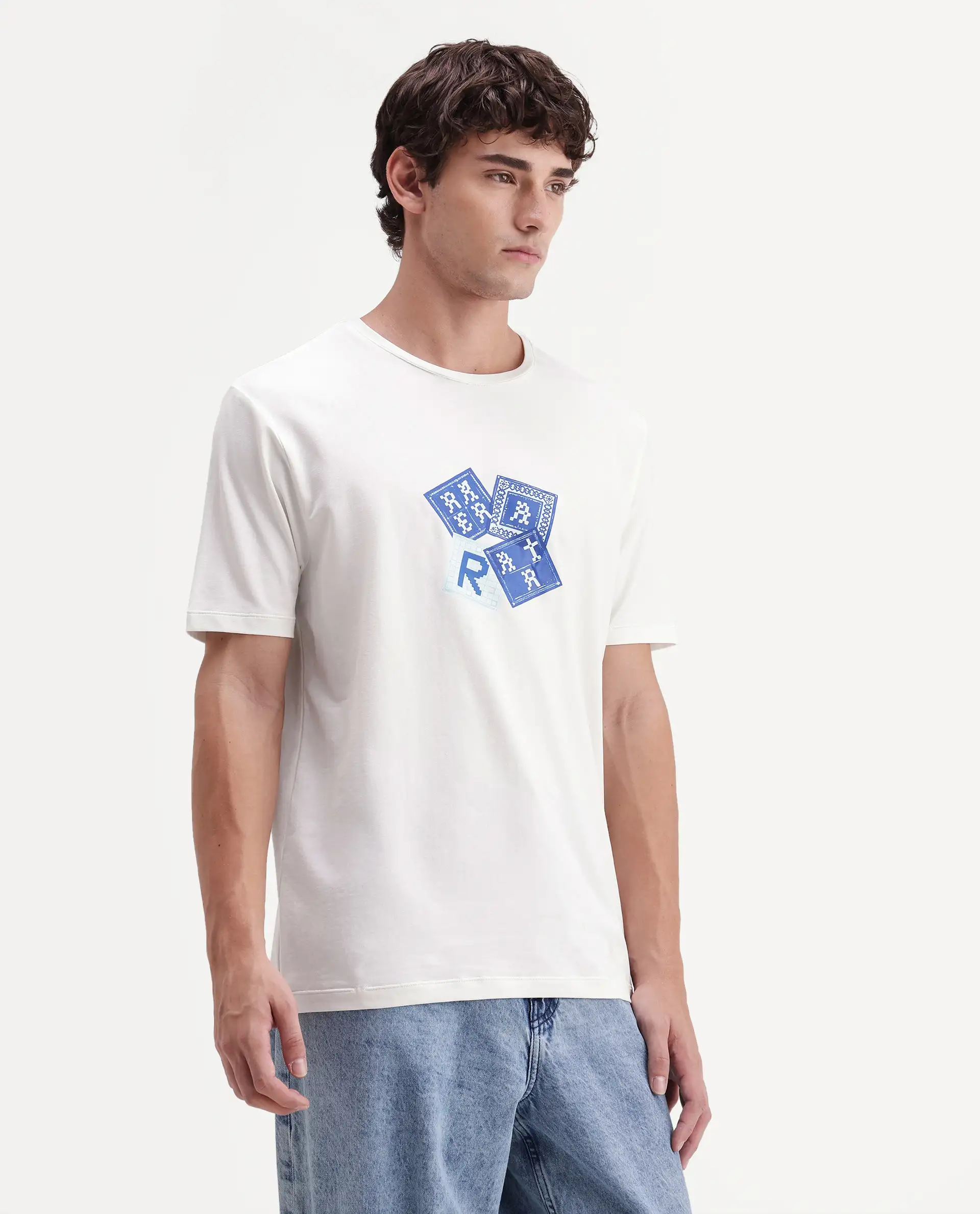 Rare Rabbit Men's Zeko Off White Cotton Blend Crew Neck Regular Graphic Print T-Shirt - Image 5