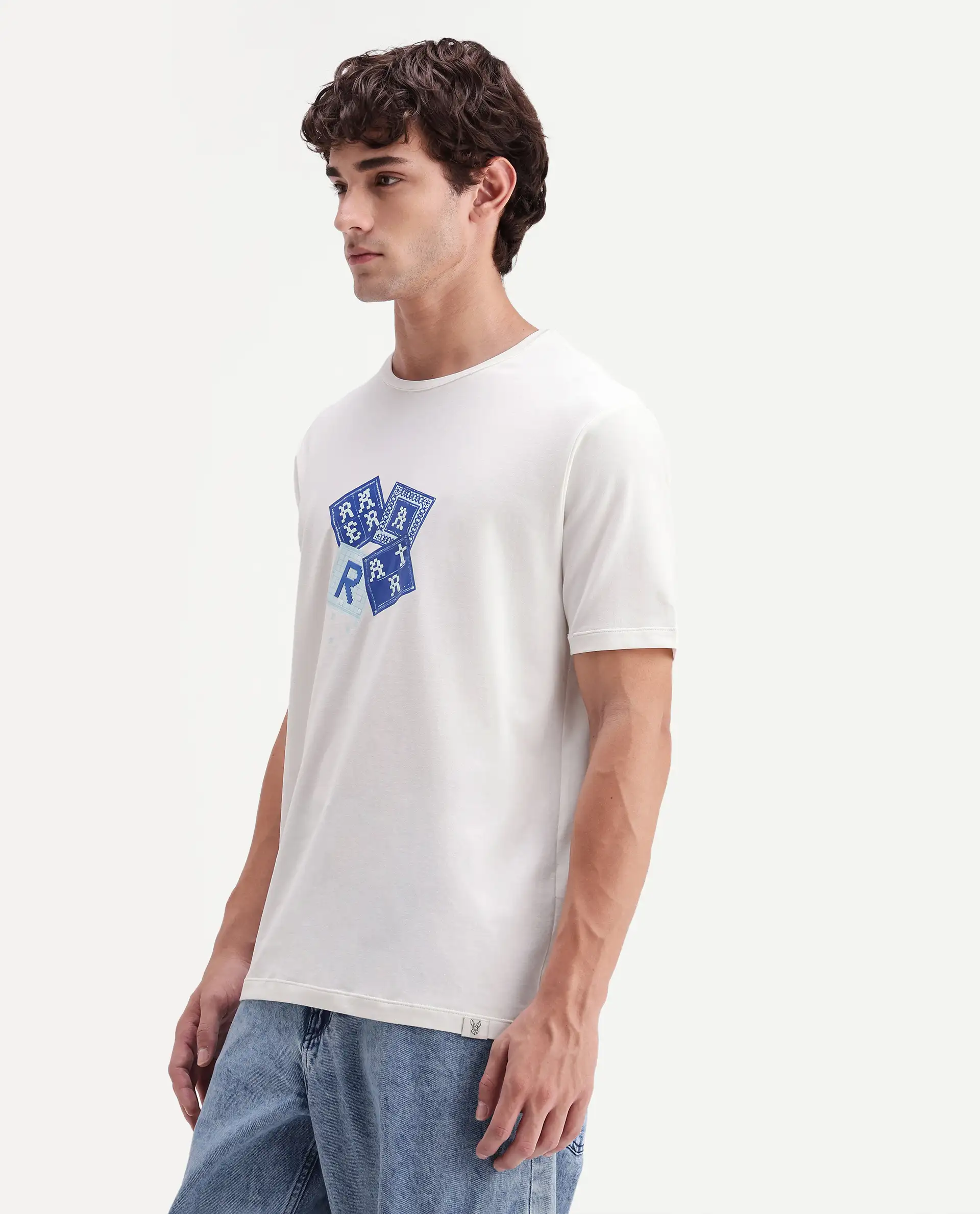 Rare Rabbit Men's Zeko Off White Cotton Blend Crew Neck Regular Graphic Print T-Shirt - Image 6