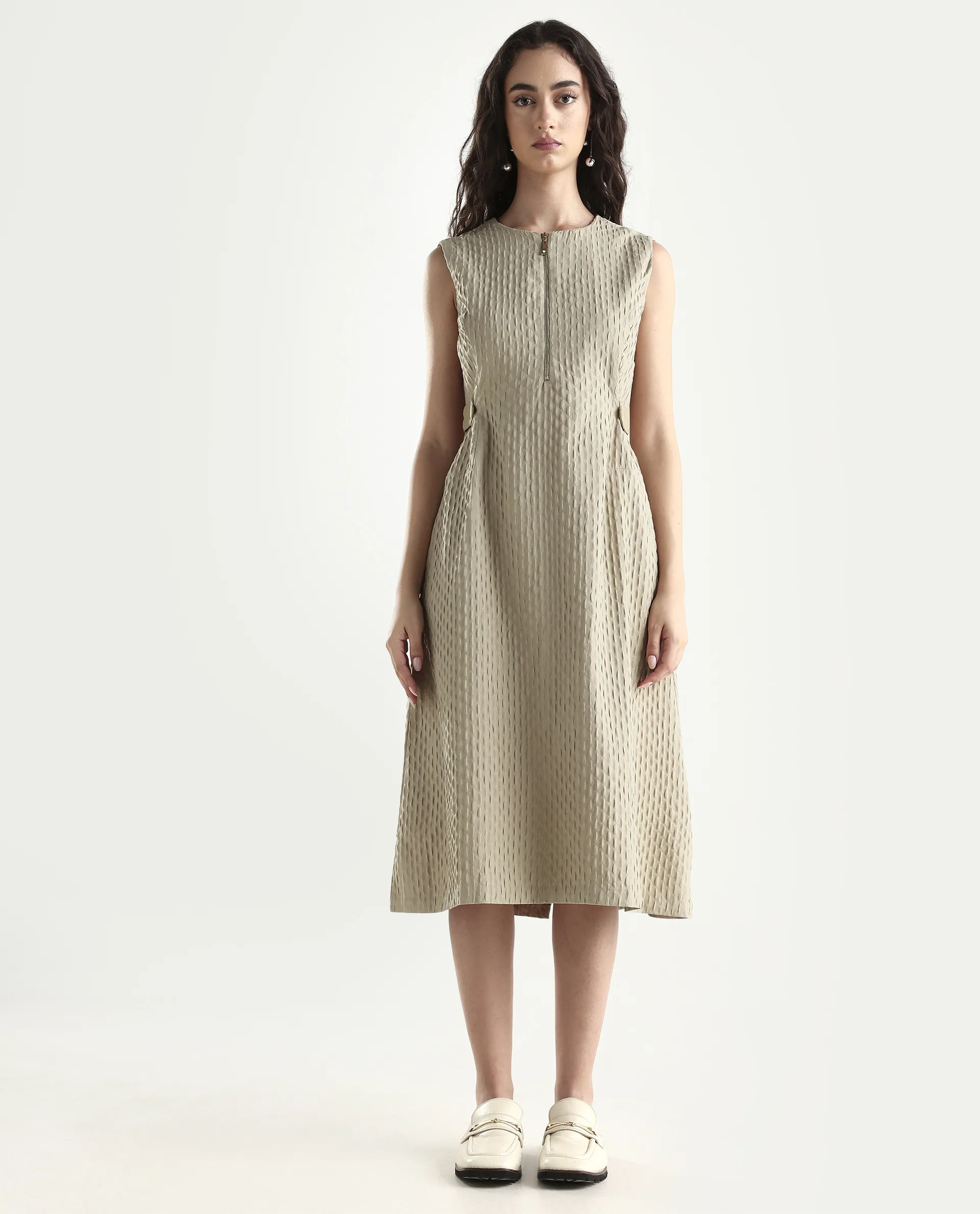 Rareism Women's Zelina Beige Polyester Round Neck Plain Sleeveless Knee Length A-Line Dress - Image 2
