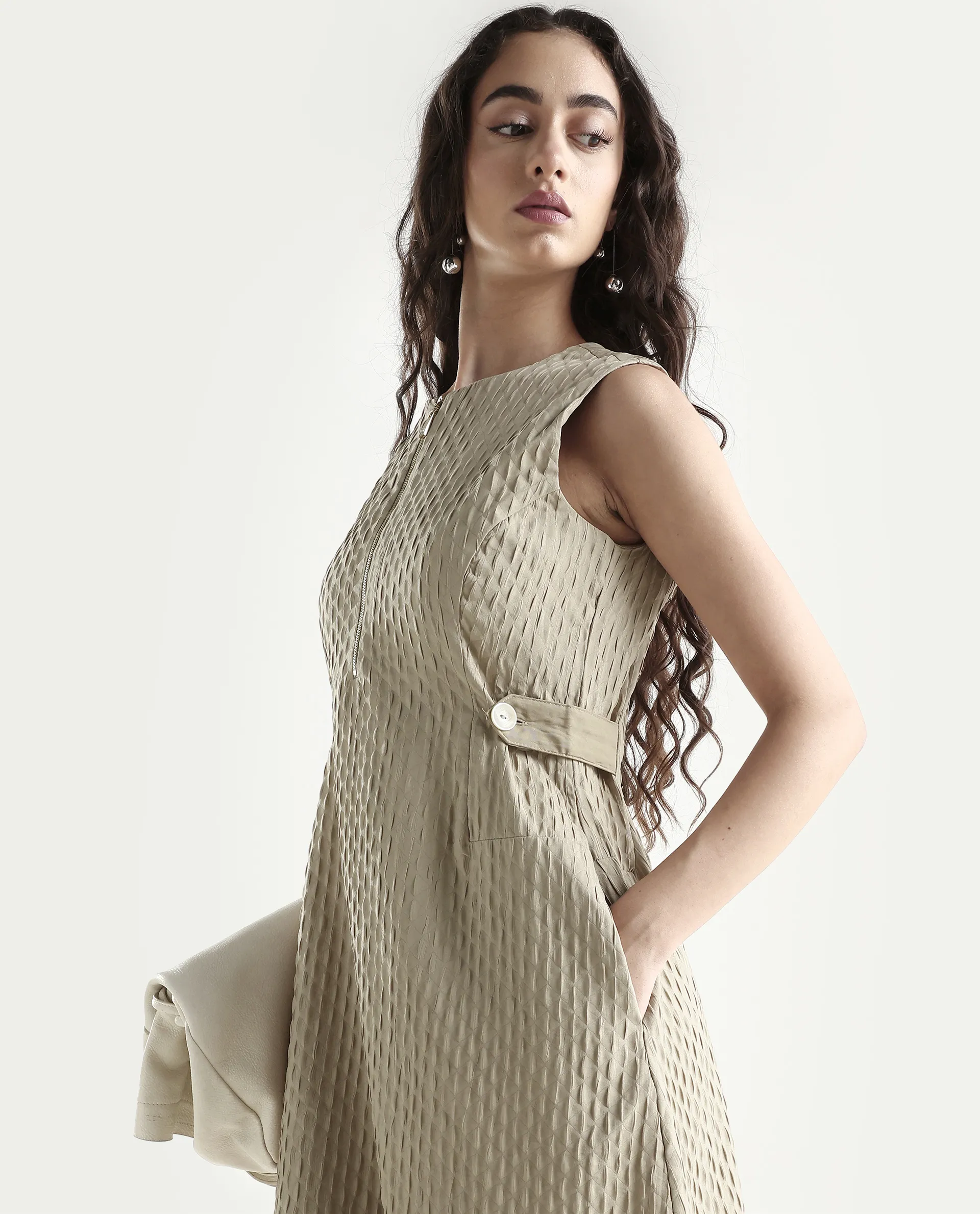 Rareism Women's Zelina Beige Polyester Round Neck Plain Sleeveless Knee Length A-Line Dress - Image 3