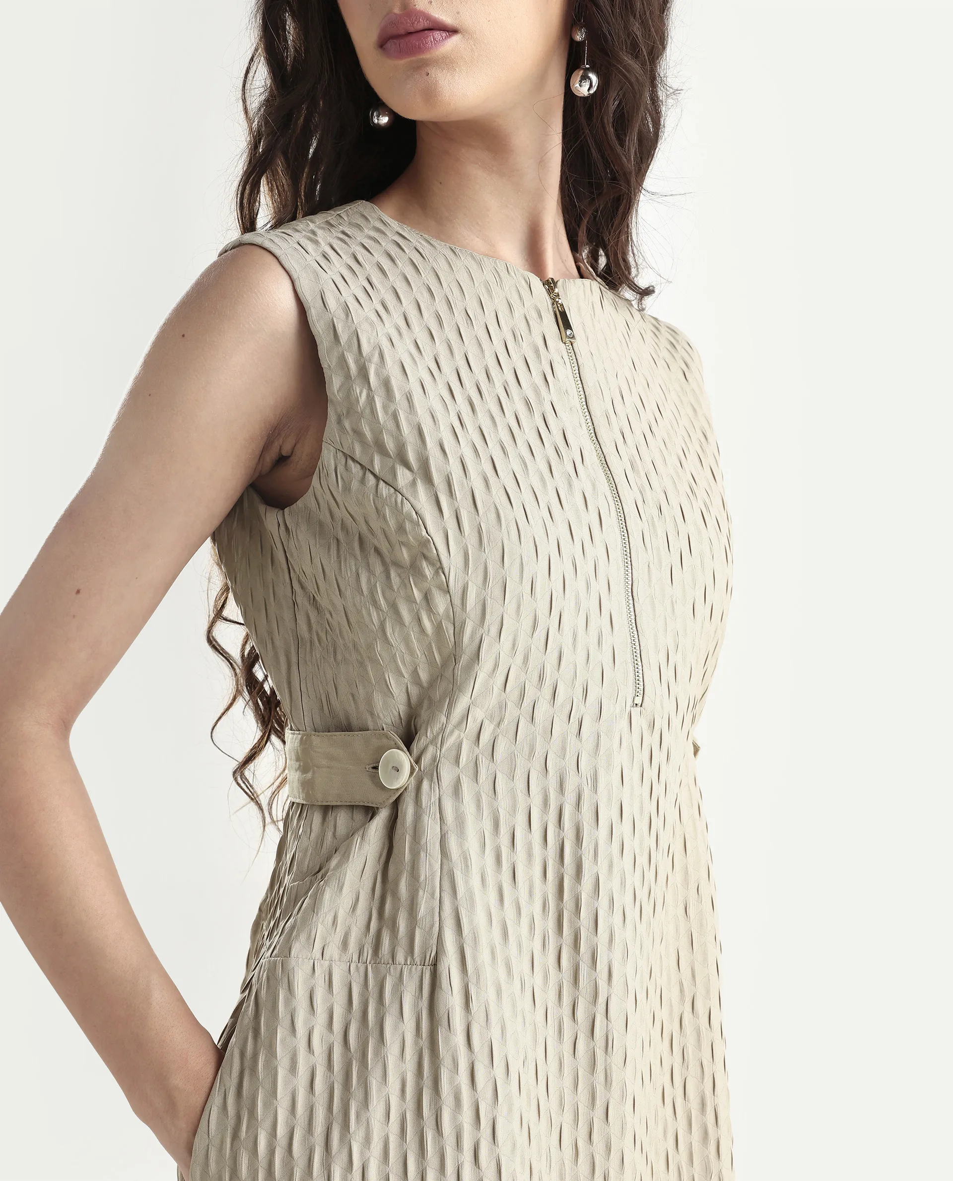 Rareism Women's Zelina Beige Polyester Round Neck Plain Sleeveless Knee Length A-Line Dress - Image 4