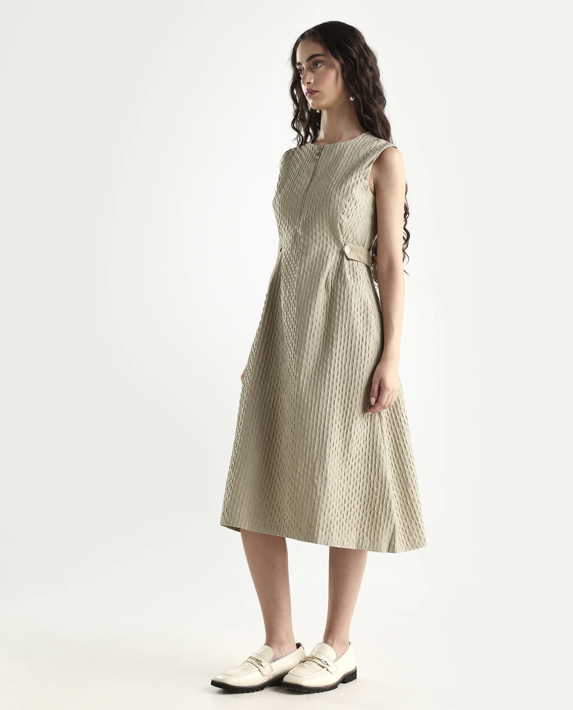 Rareism Women's Zelina Beige Polyester Round Neck Plain Sleeveless Knee Length A-Line Dress - Image 5