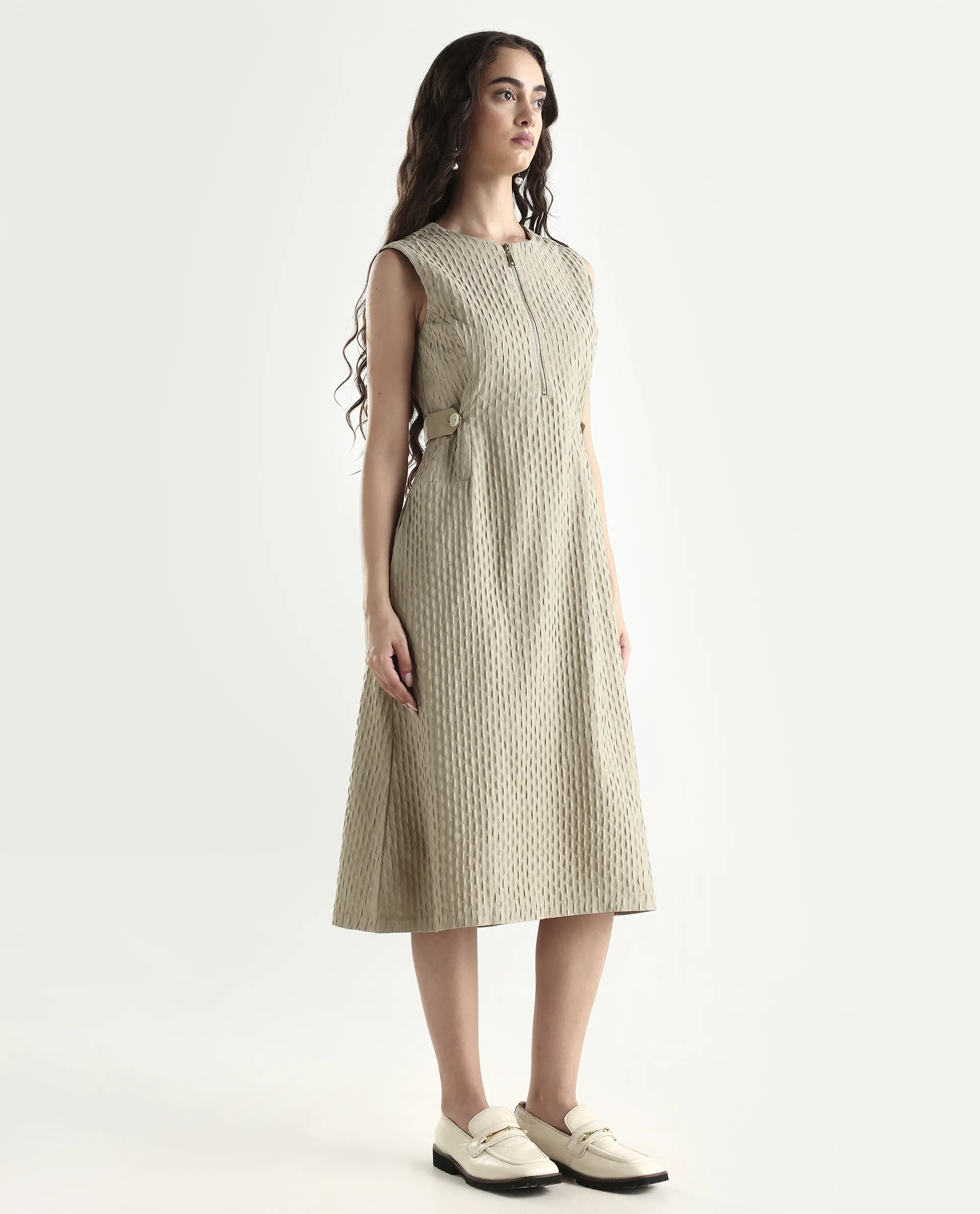 Rareism Women's Zelina Beige Polyester Round Neck Plain Sleeveless Knee Length A-Line Dress - Image 6