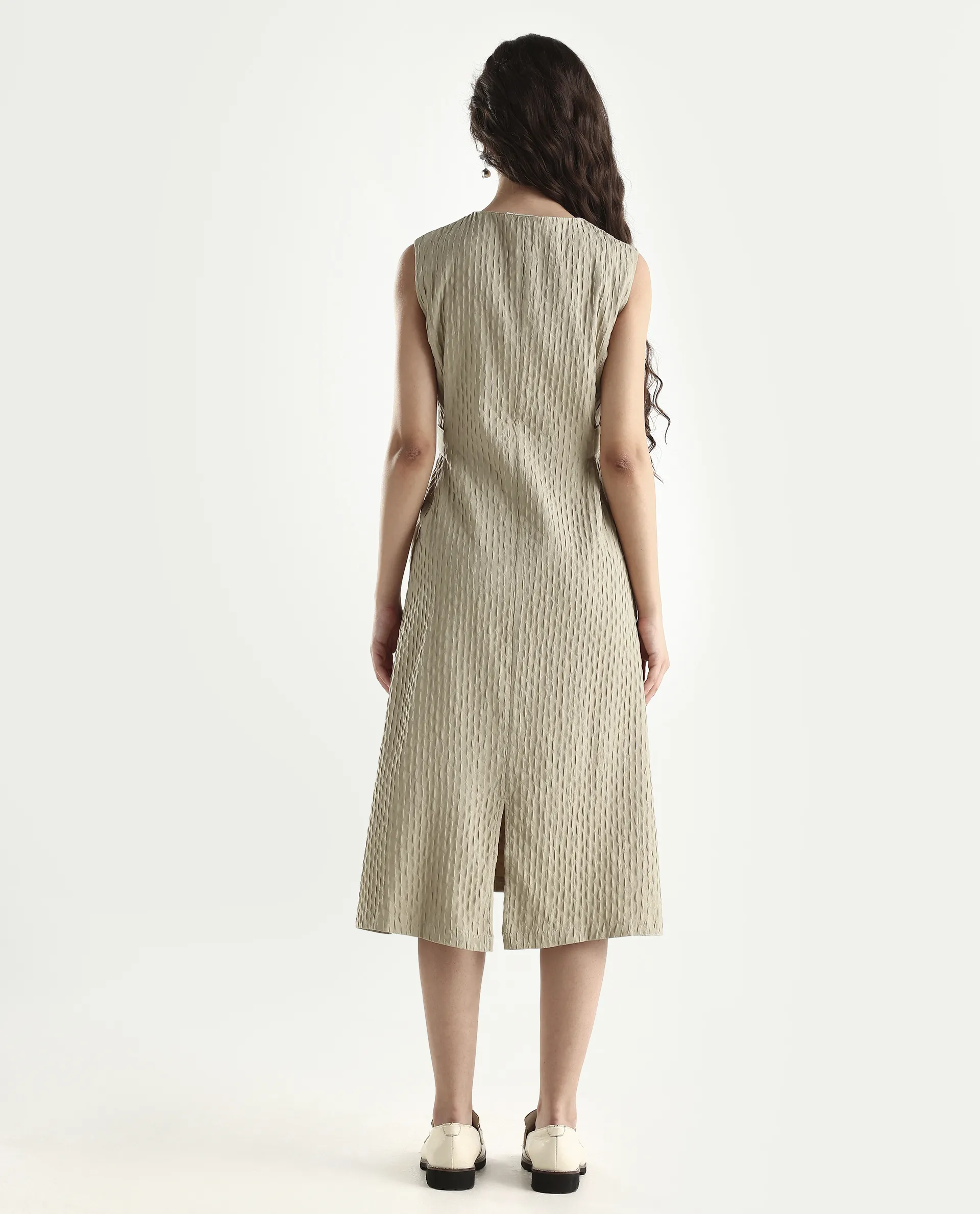 Rareism Women's Zelina Beige Polyester Round Neck Plain Sleeveless Knee Length A-Line Dress - Image 7