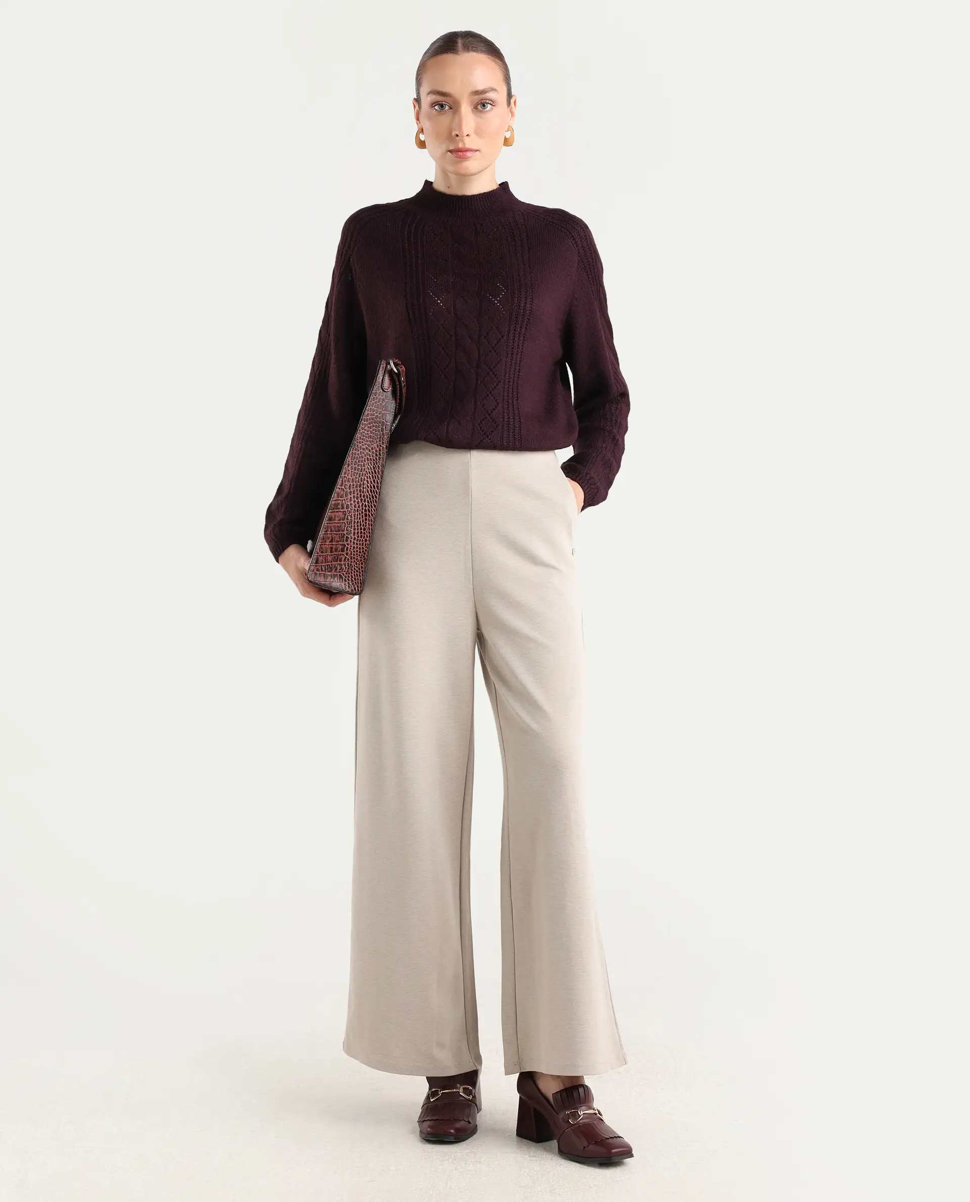 Rareism Women's Zella Dark Maroon Acrylic Blend High Neck Plain Regular Fit Sweater