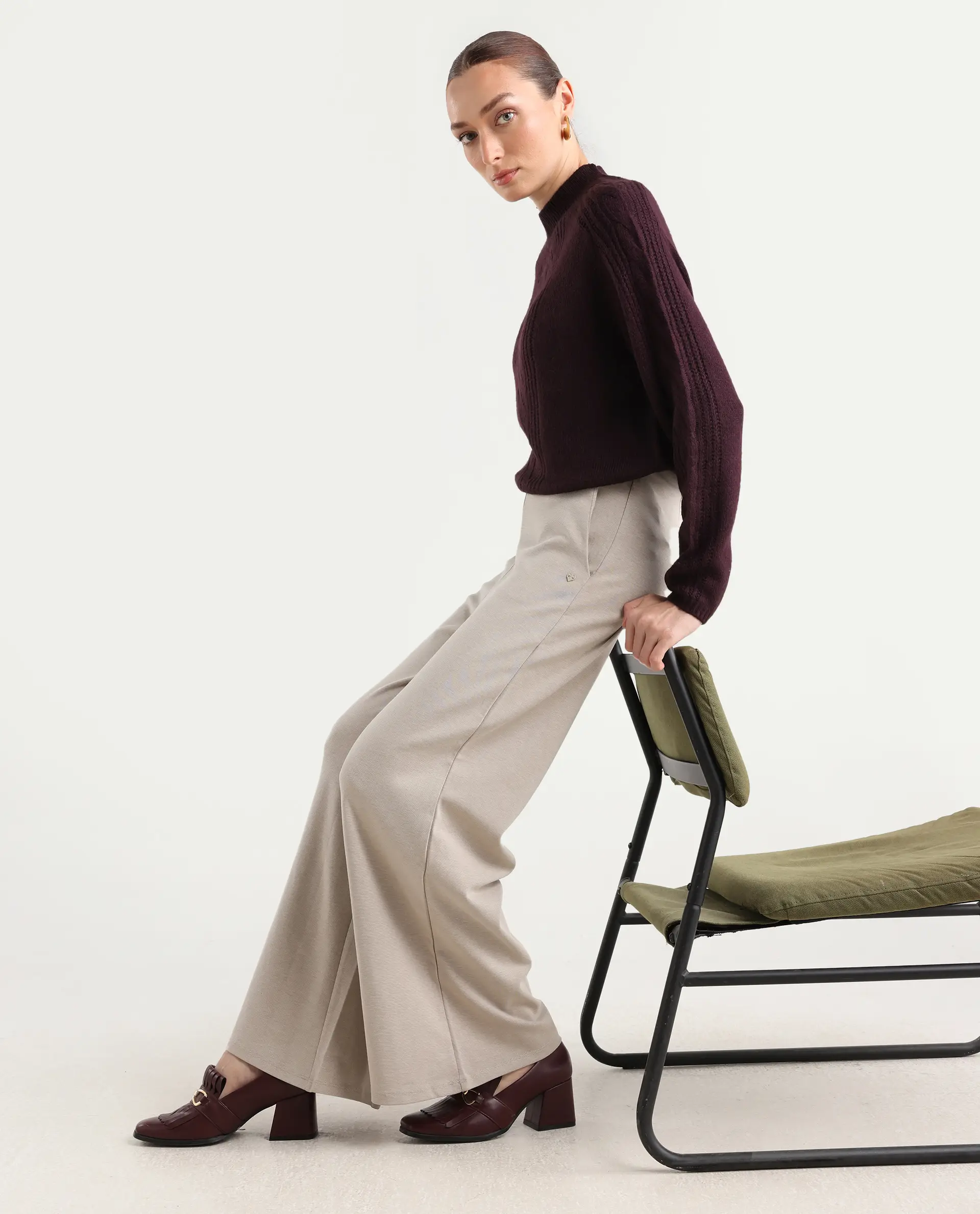 Rareism Women's Zella Dark Maroon Acrylic Blend High Neck Plain Regular Fit Sweater - Image 2