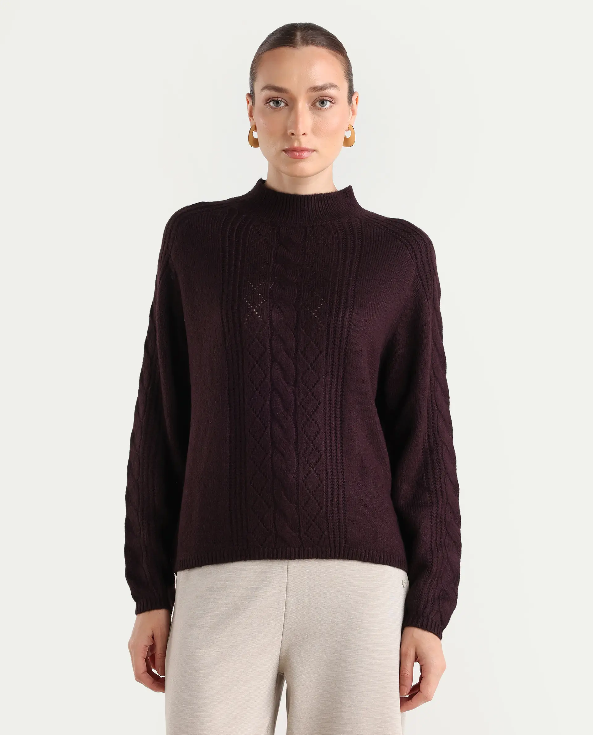 Rareism Women's Zella Dark Maroon Acrylic Blend High Neck Plain Regular Fit Sweater - Image 3