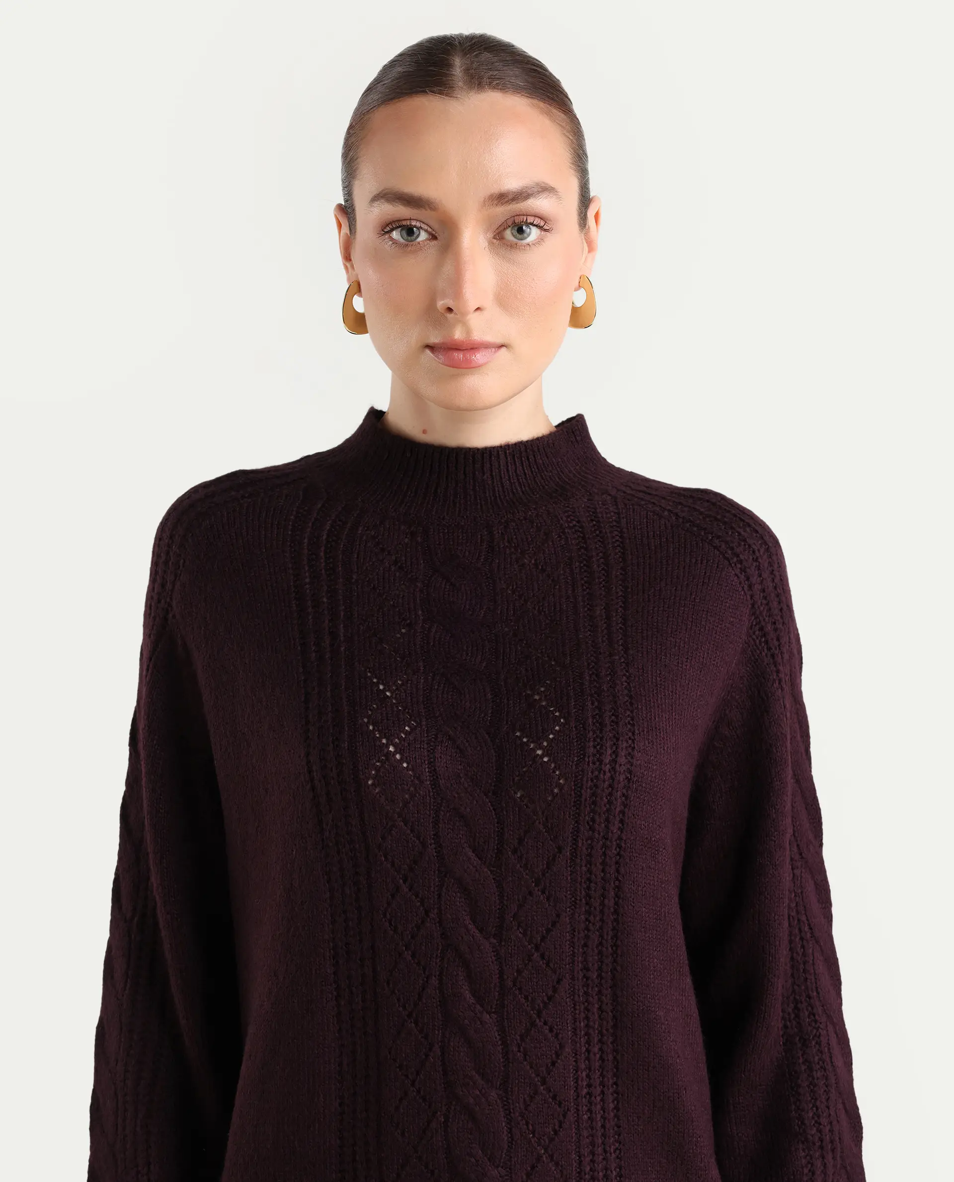 Rareism Women's Zella Dark Maroon Acrylic Blend High Neck Plain Regular Fit Sweater - Image 4