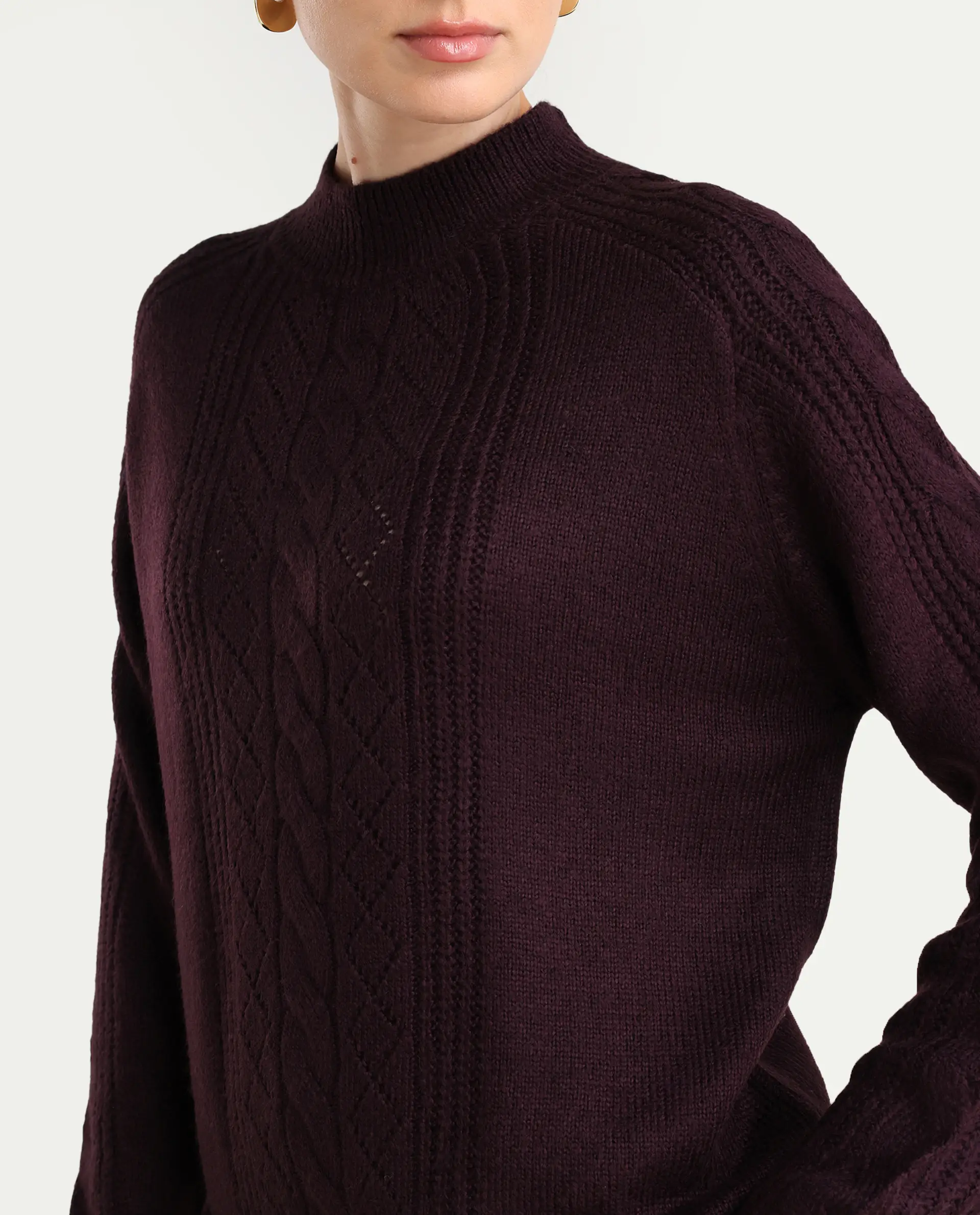Rareism Women's Zella Dark Maroon Acrylic Blend High Neck Plain Regular Fit Sweater - Image 5