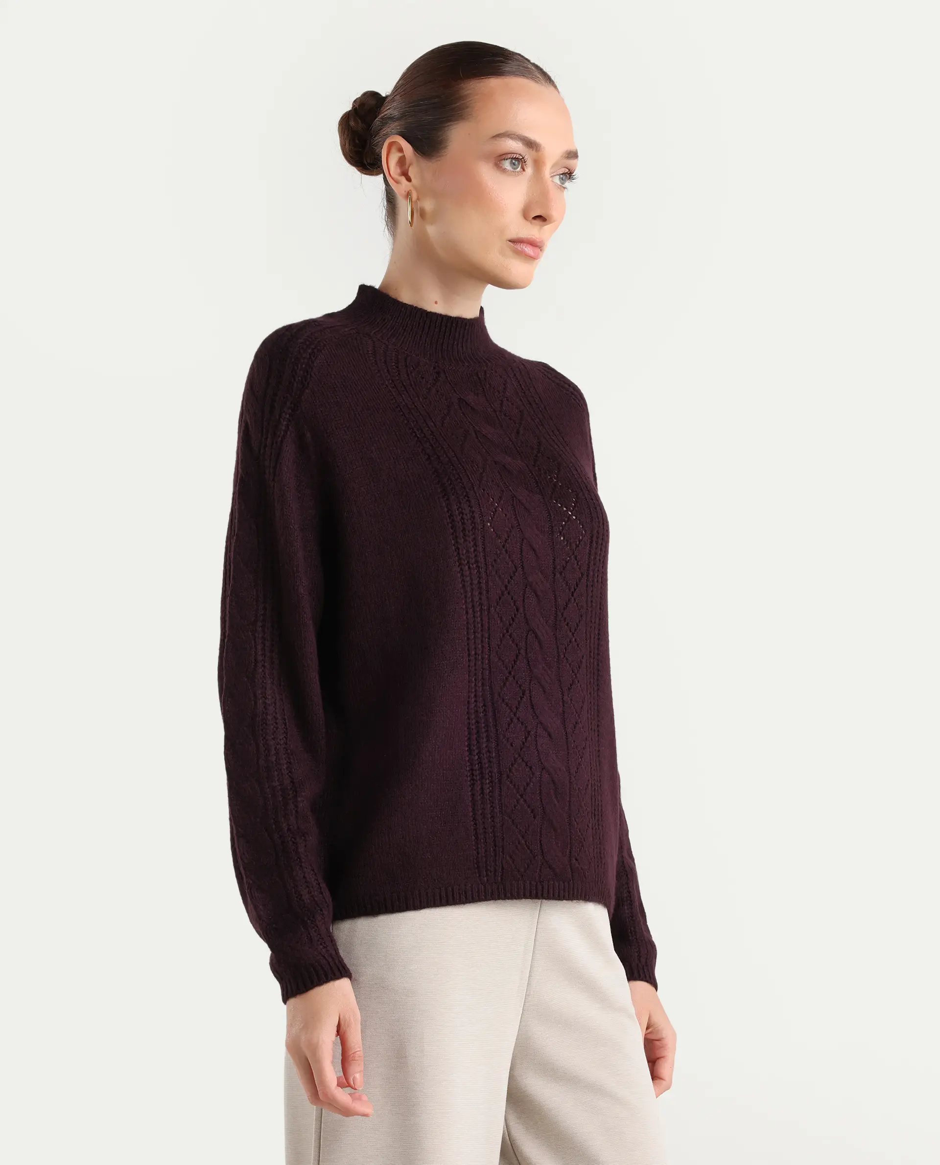Rareism Women's Zella Dark Maroon Acrylic Blend High Neck Plain Regular Fit Sweater - Image 6
