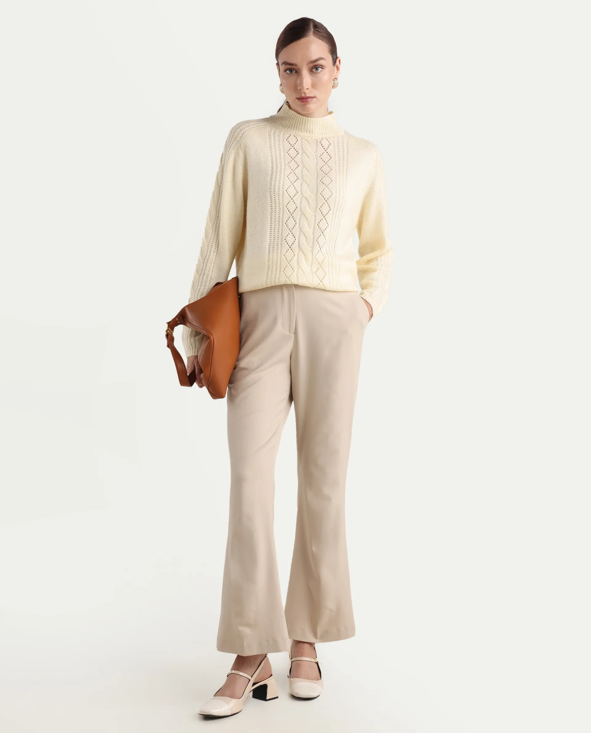 Rareism Women's Zella Off White Acrylic Blend High Neck Regular Fit Plain Sweater - Image 2