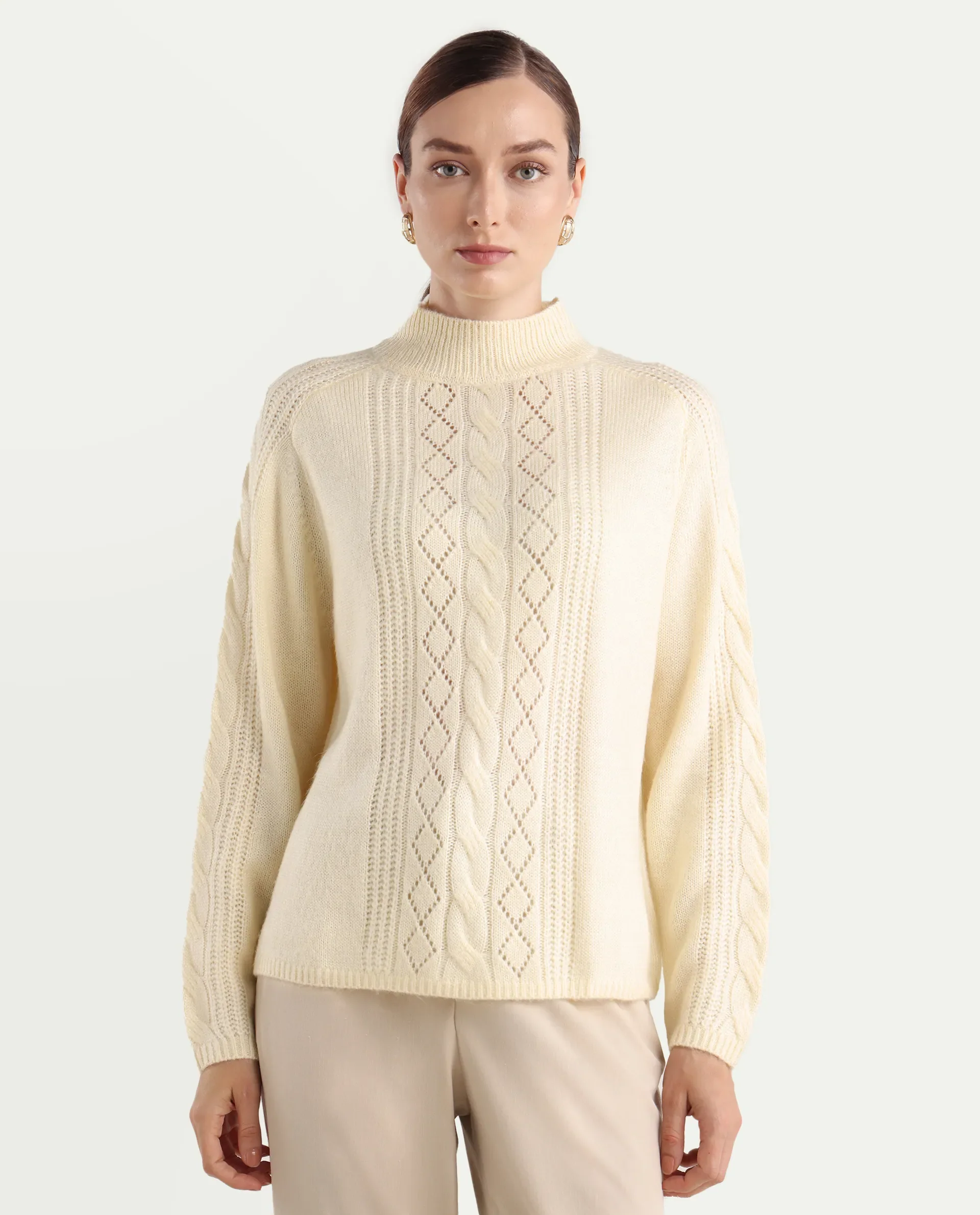 Rareism Women's Zella Off White Acrylic Blend High Neck Regular Fit Plain Sweater - Image 3