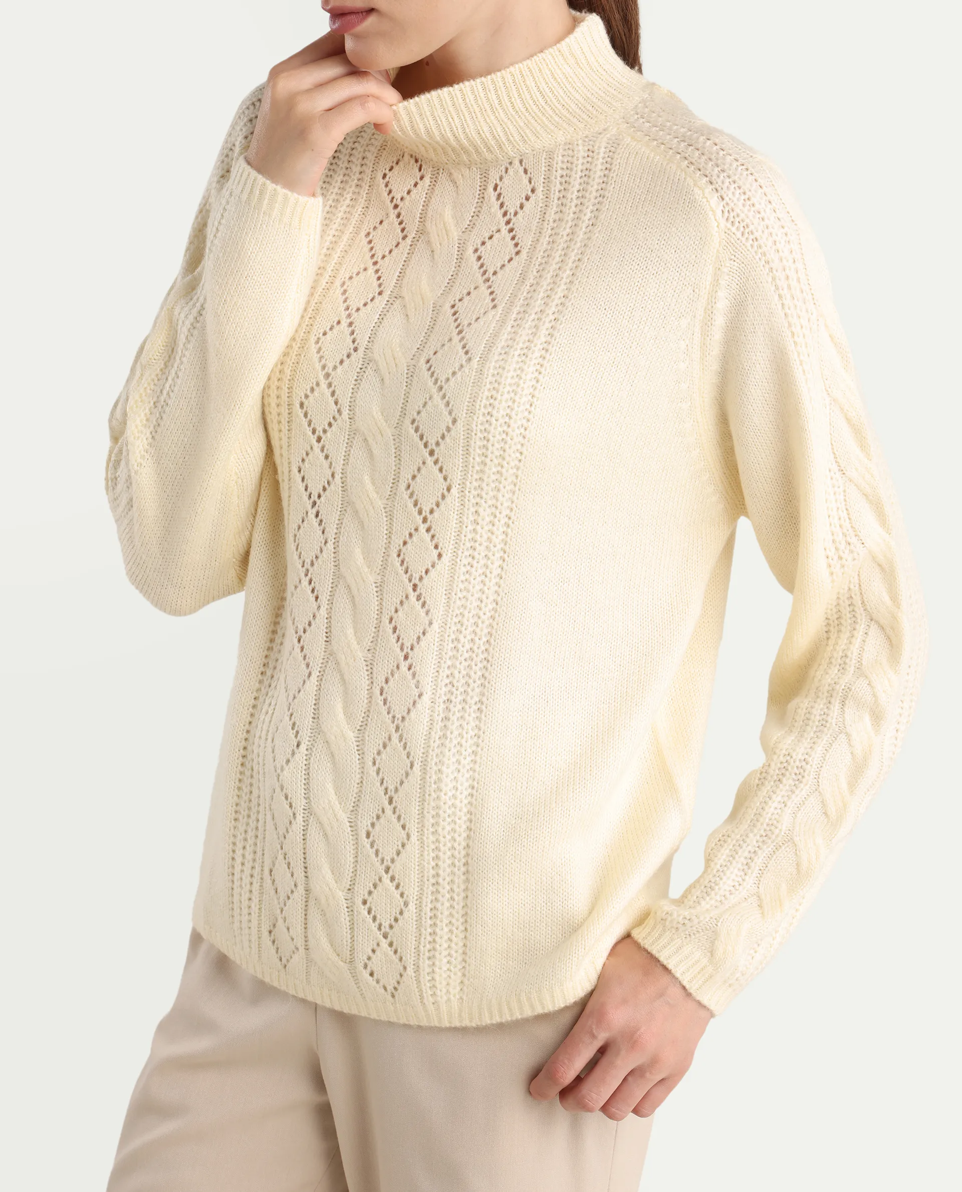 Rareism Women's Zella Off White Acrylic Blend High Neck Regular Fit Plain Sweater - Image 4
