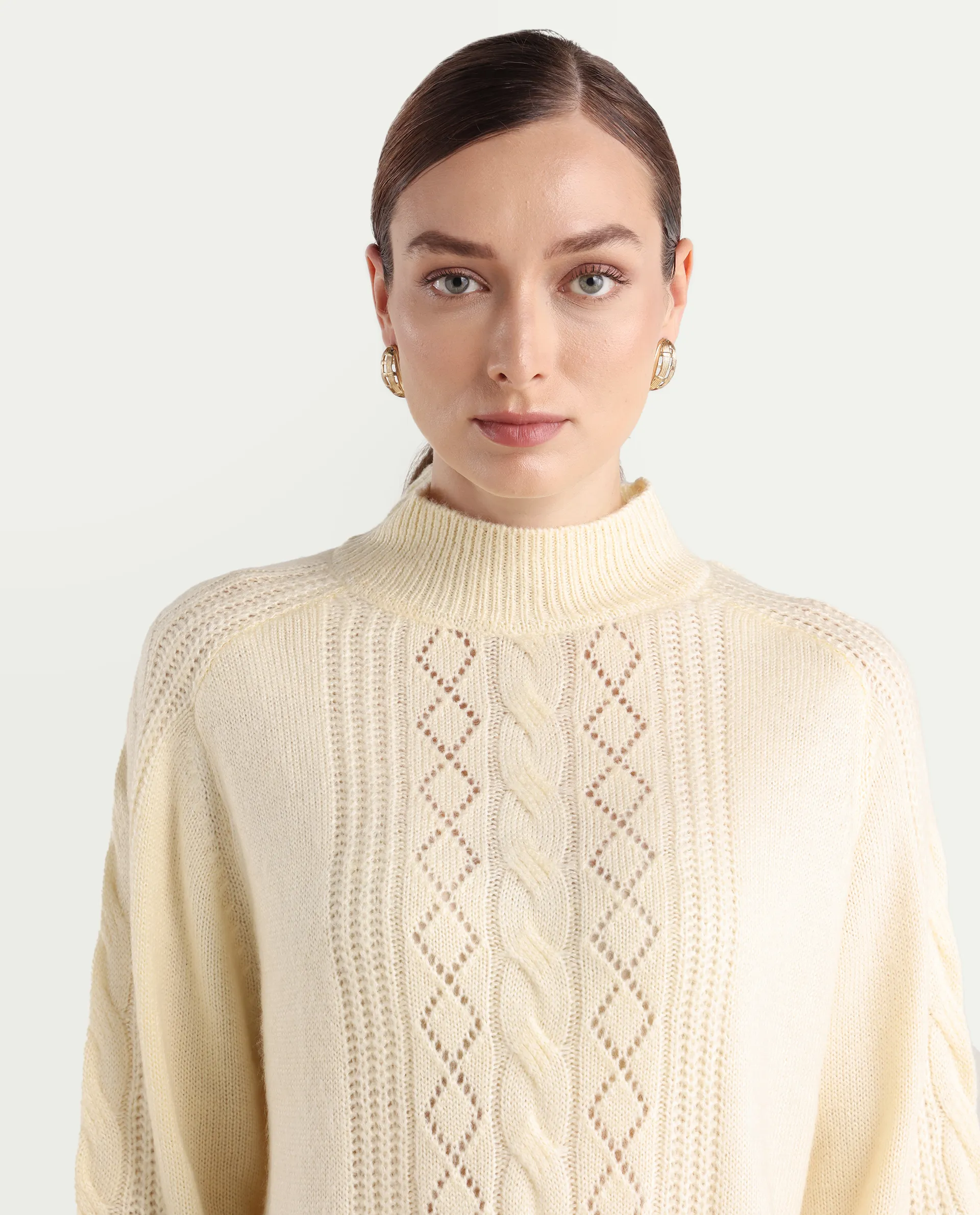 Rareism Women's Zella Off White Acrylic Blend High Neck Regular Fit Plain Sweater - Image 5