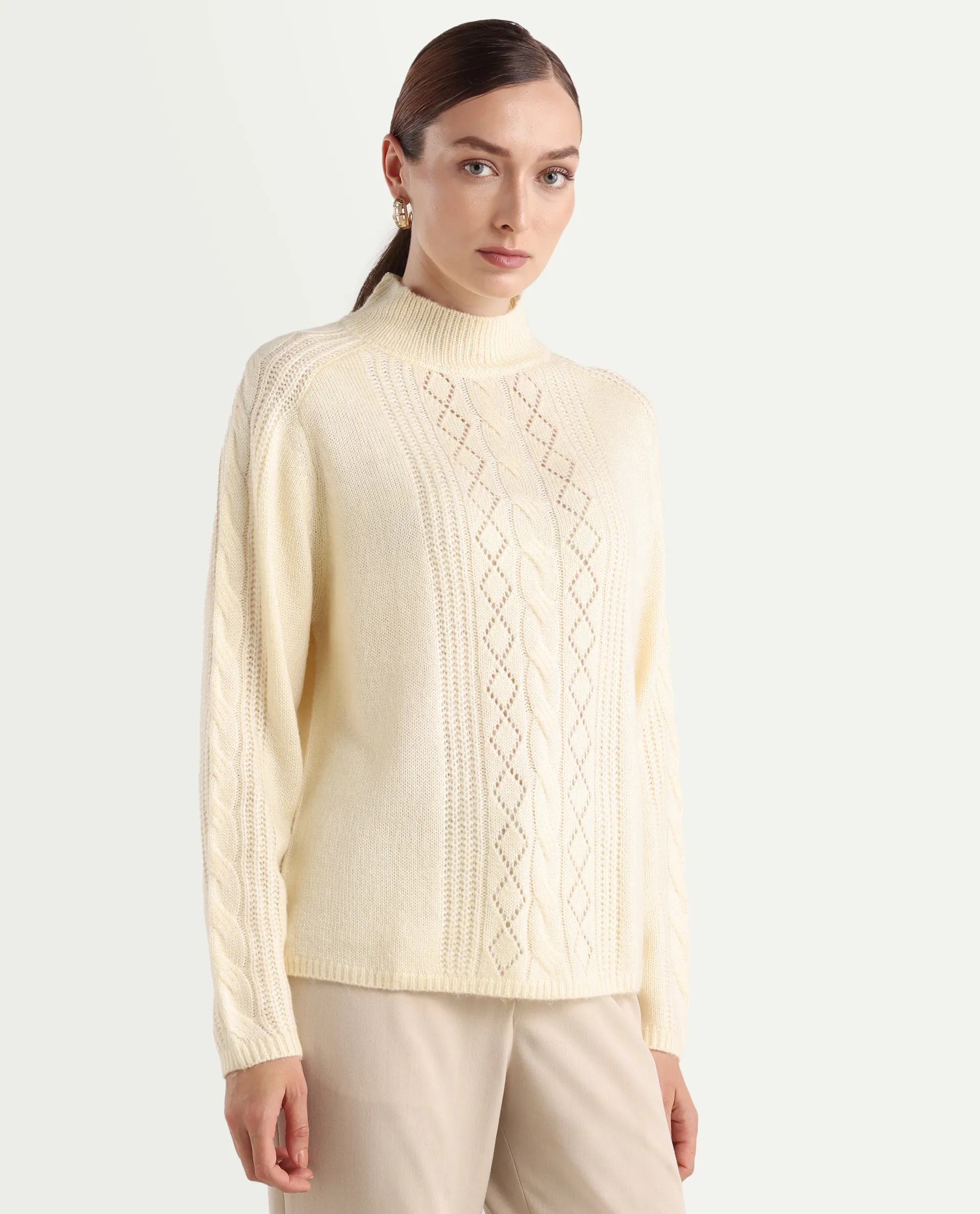 Rareism Women's Zella Off White Acrylic Blend High Neck Regular Fit Plain Sweater - Image 6