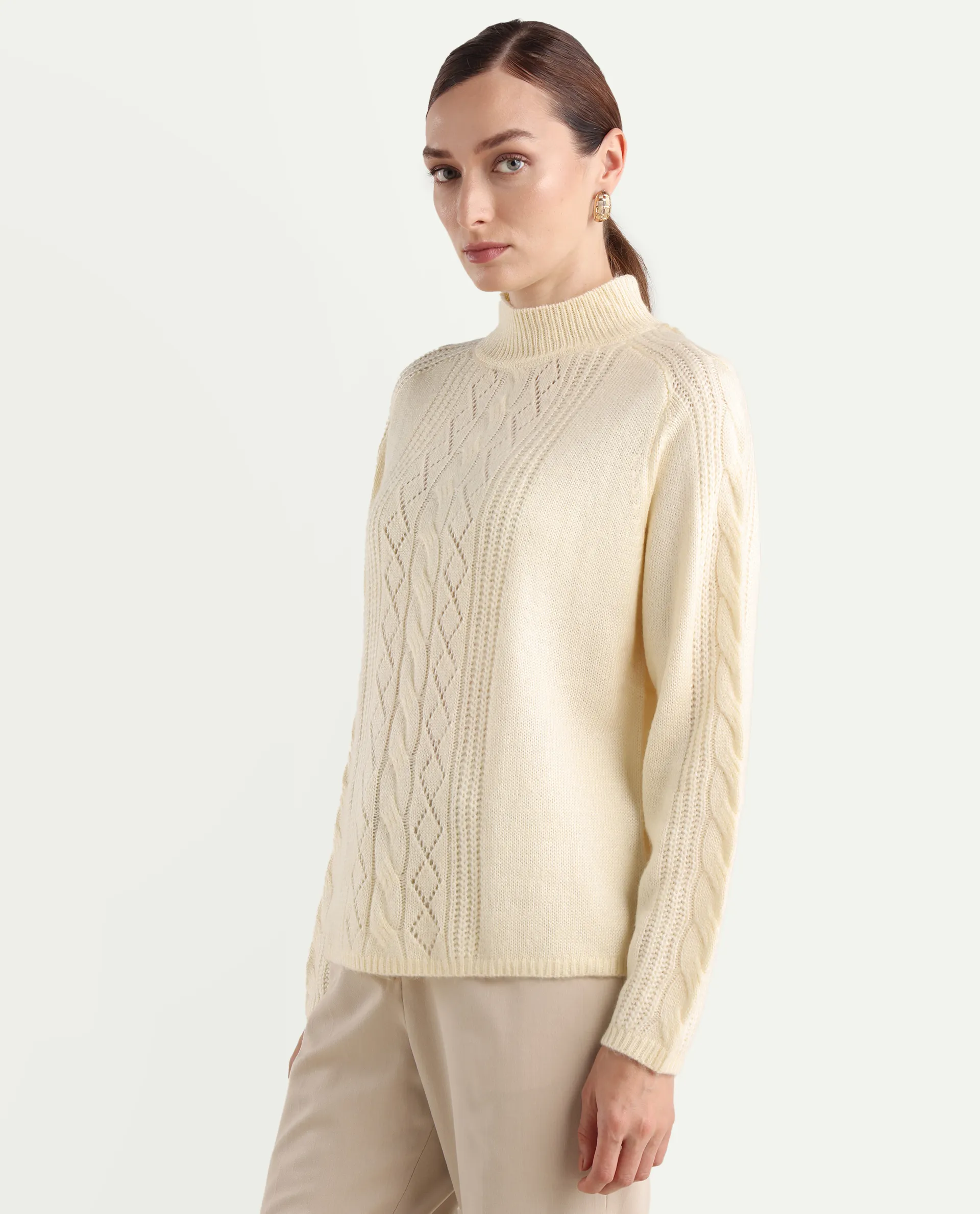 Rareism Women's Zella Off White Acrylic Blend High Neck Regular Fit Plain Sweater - Image 7