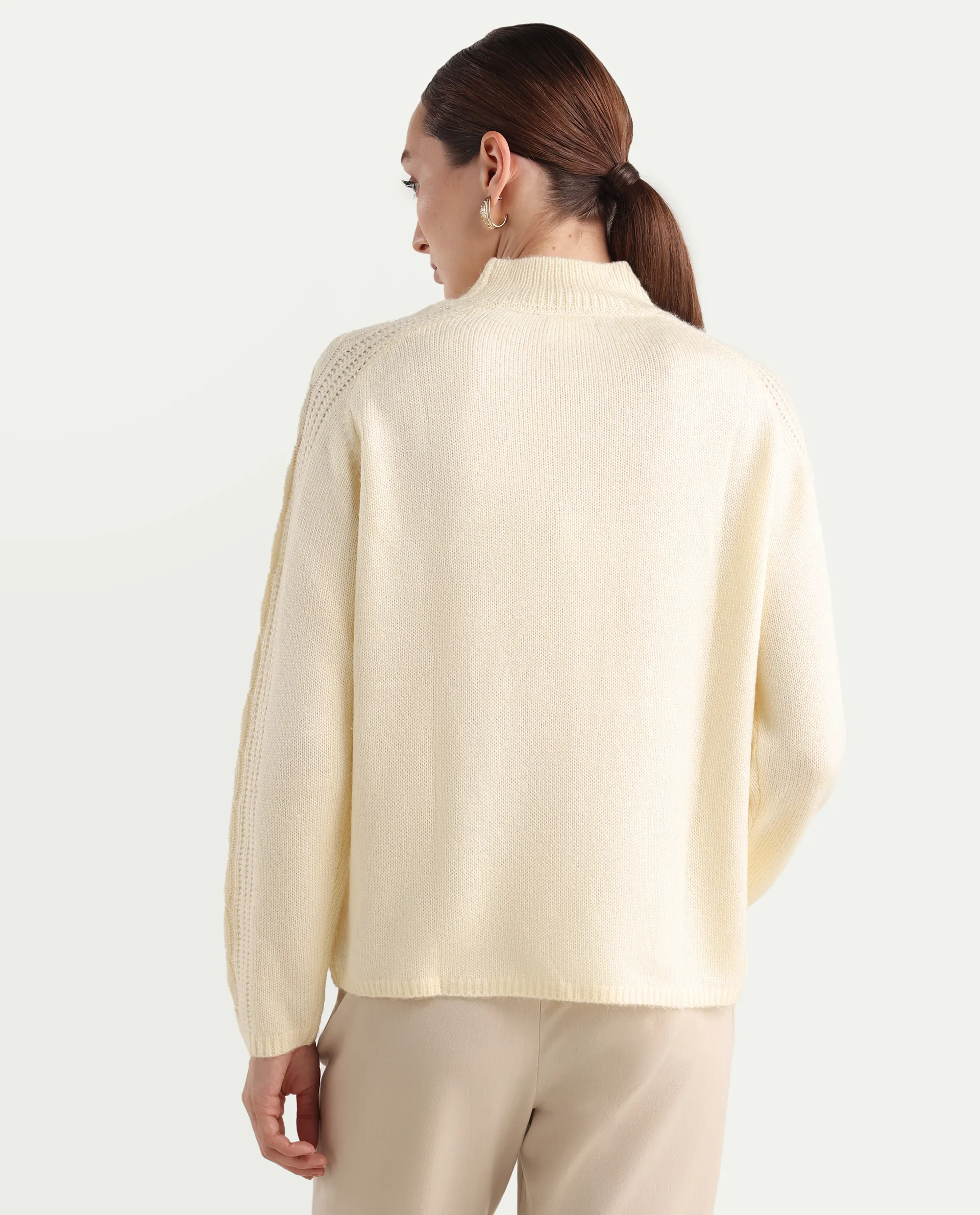 Rareism Women's Zella Off White Acrylic Blend High Neck Regular Fit Plain Sweater - Image 8
