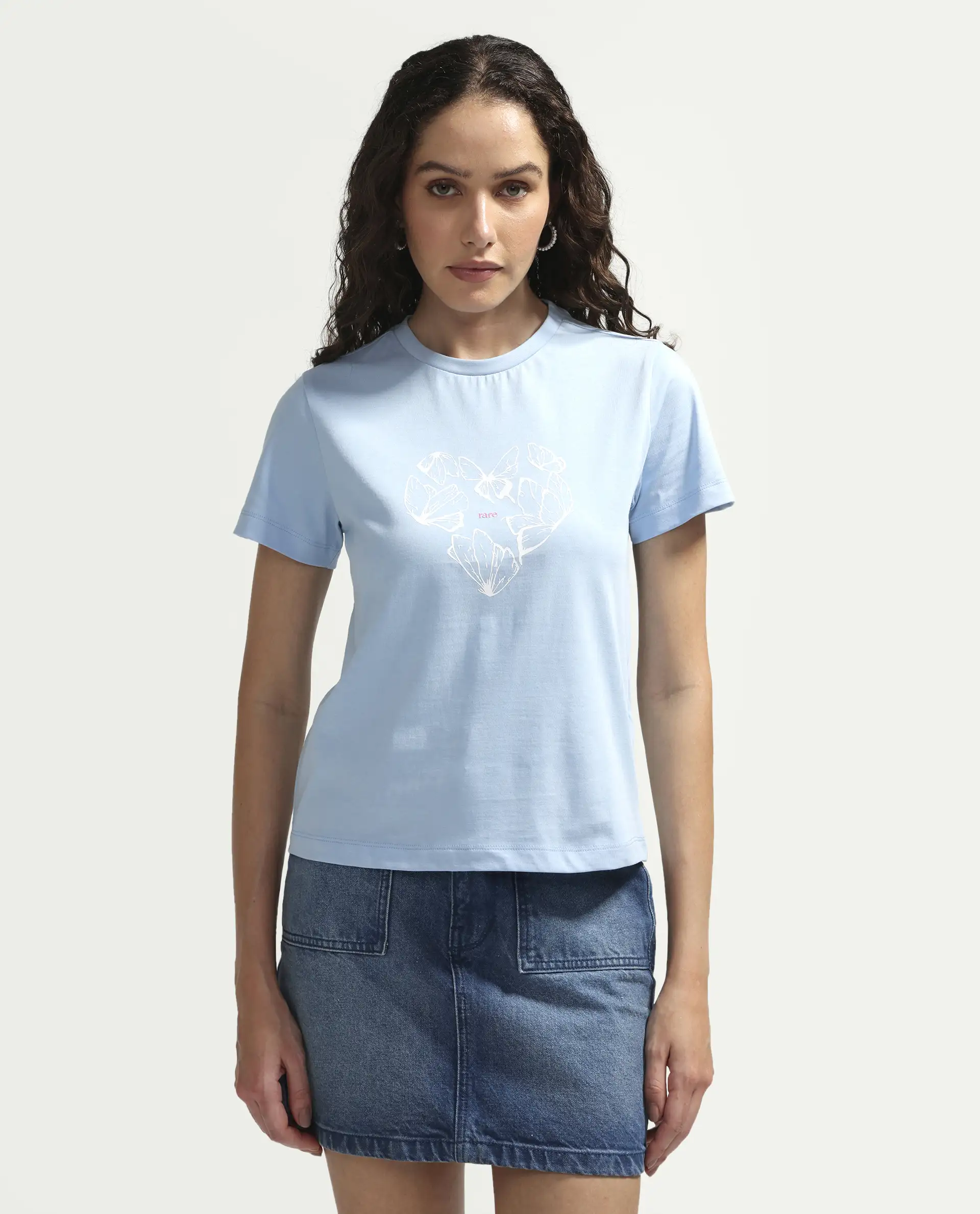 Rareism Women's Zelly Light Blue Cotton Crew Neck Pull-On Regular Object Print T-Shirt - Image 3