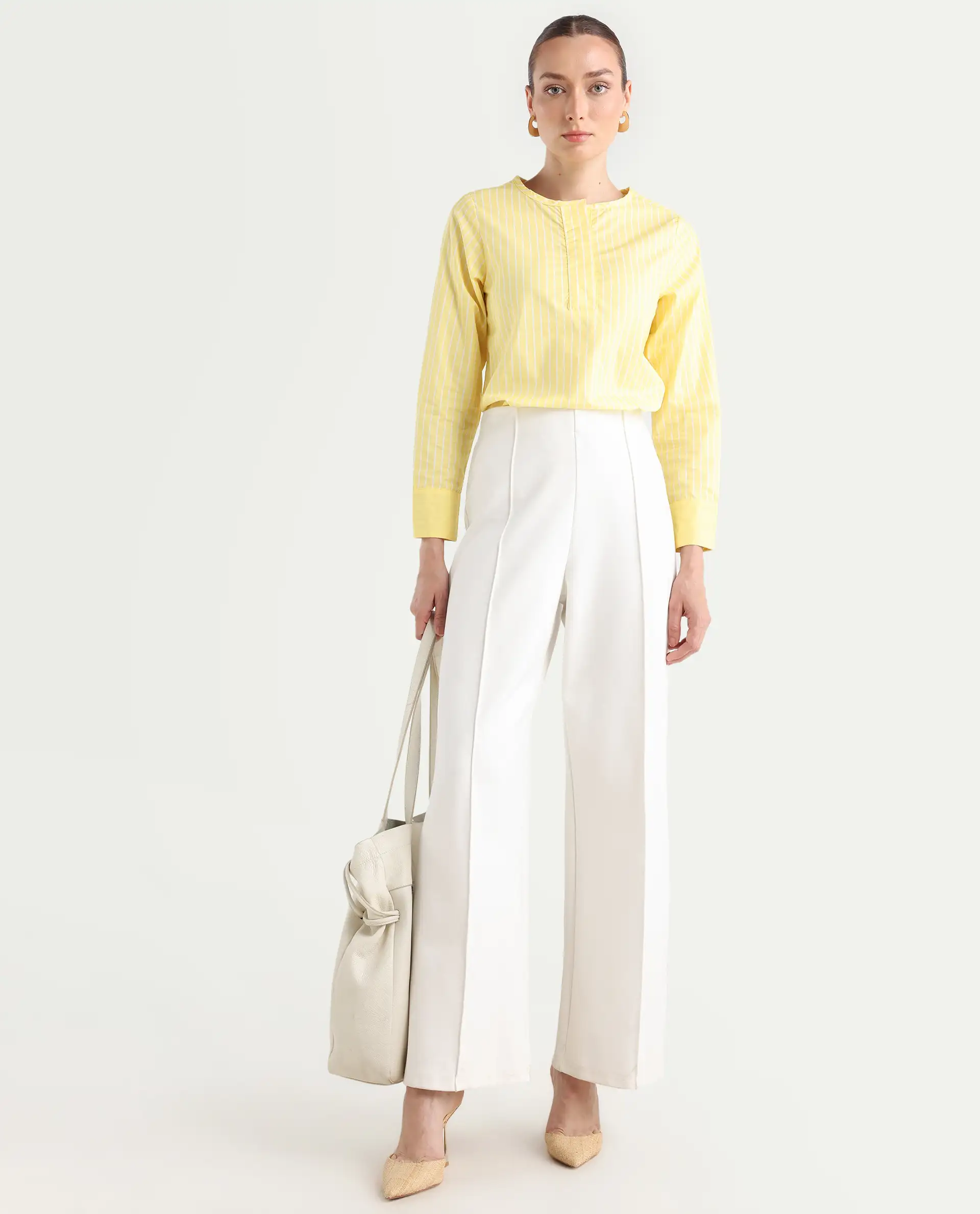 Rareism Women's Zelma Yellow Cotton Crew Neck Striped Cuffed Sleeve Regular Fit Top - Image 2