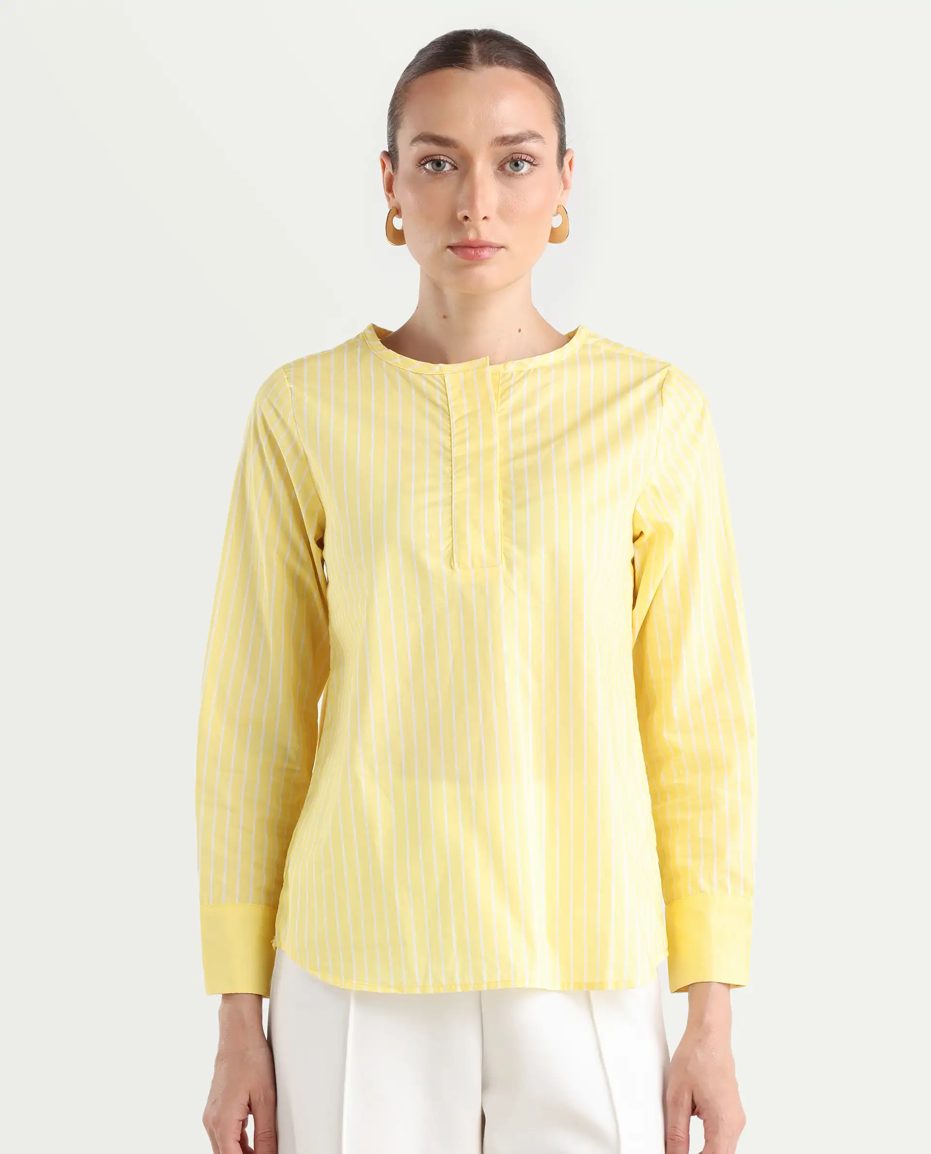 Rareism Women's Zelma Yellow Cotton Crew Neck Striped Cuffed Sleeve Regular Fit Top - Image 3