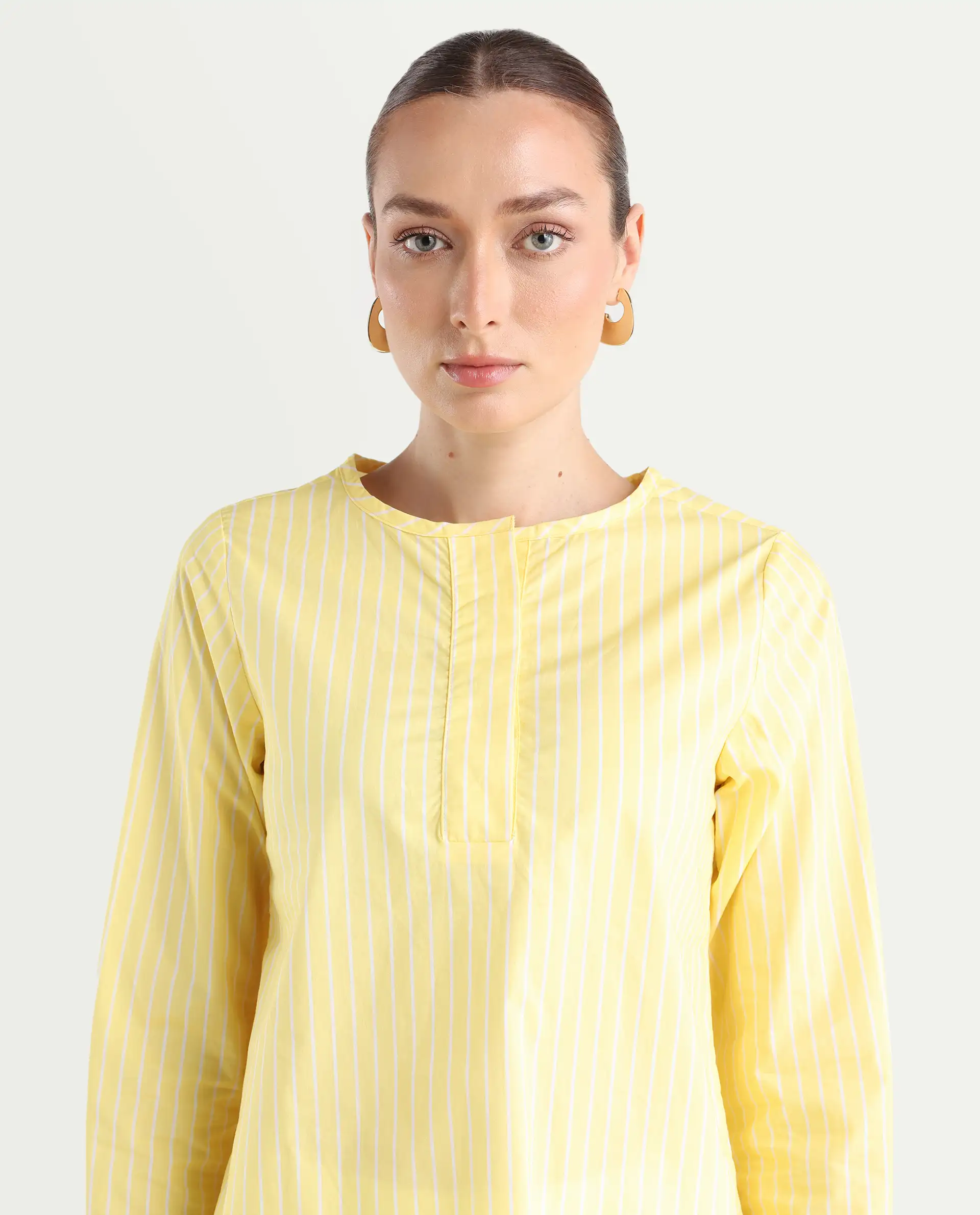 Rareism Women's Zelma Yellow Cotton Crew Neck Striped Cuffed Sleeve Regular Fit Top - Image 4