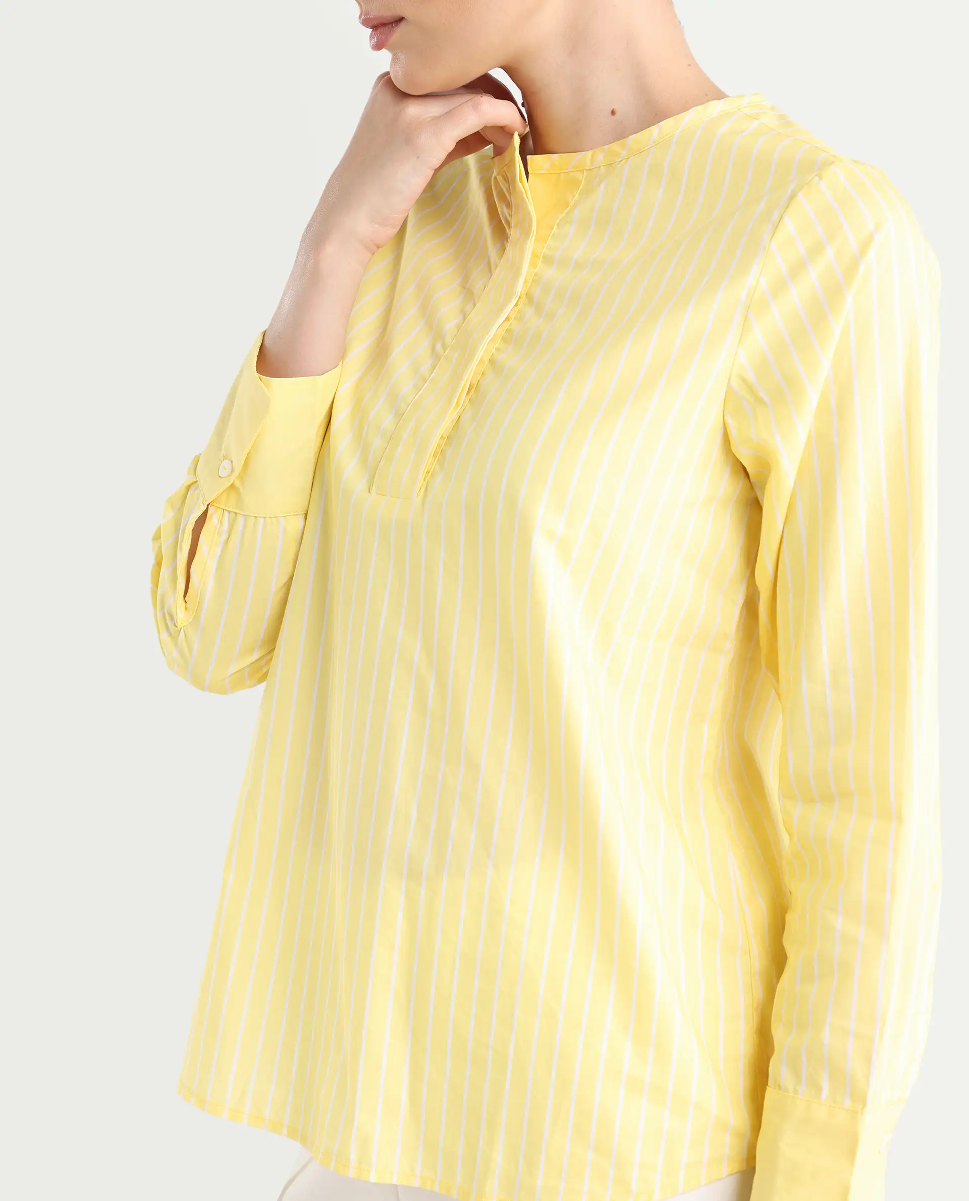 Rareism Women's Zelma Yellow Cotton Crew Neck Striped Cuffed Sleeve Regular Fit Top - Image 5