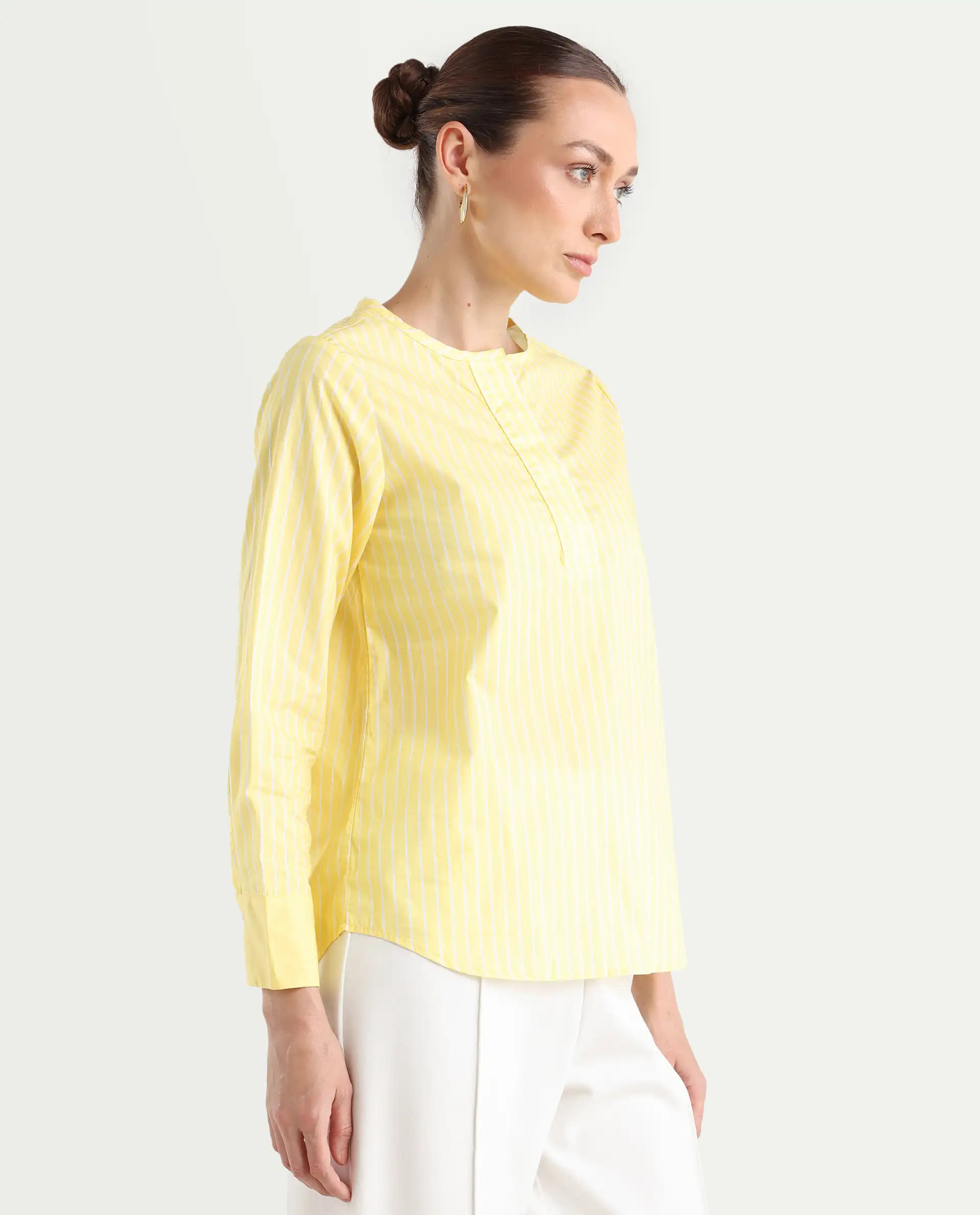 Rareism Women's Zelma Yellow Cotton Crew Neck Striped Cuffed Sleeve Regular Fit Top - Image 6