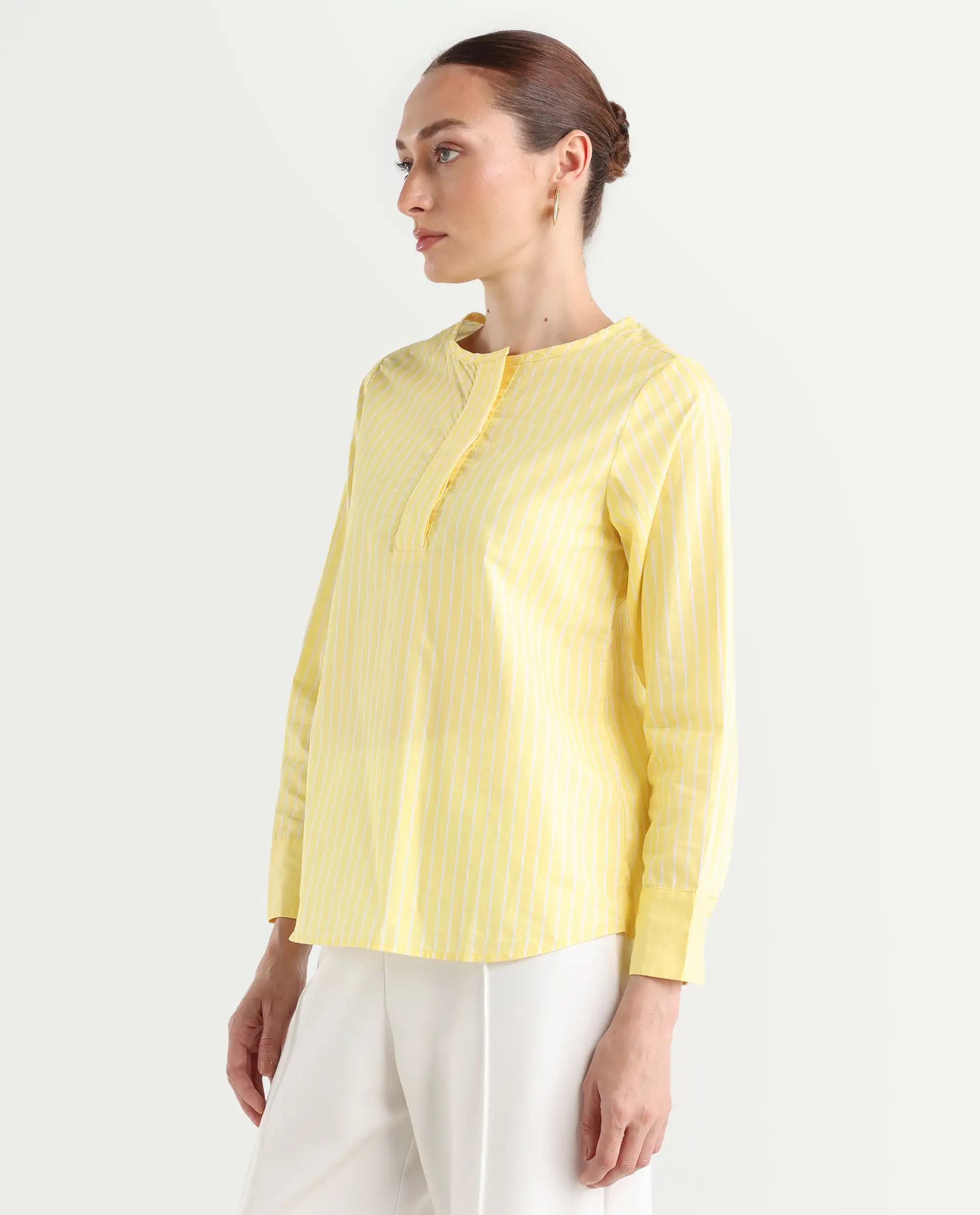 Rareism Women's Zelma Yellow Cotton Crew Neck Striped Cuffed Sleeve Regular Fit Top - Image 7