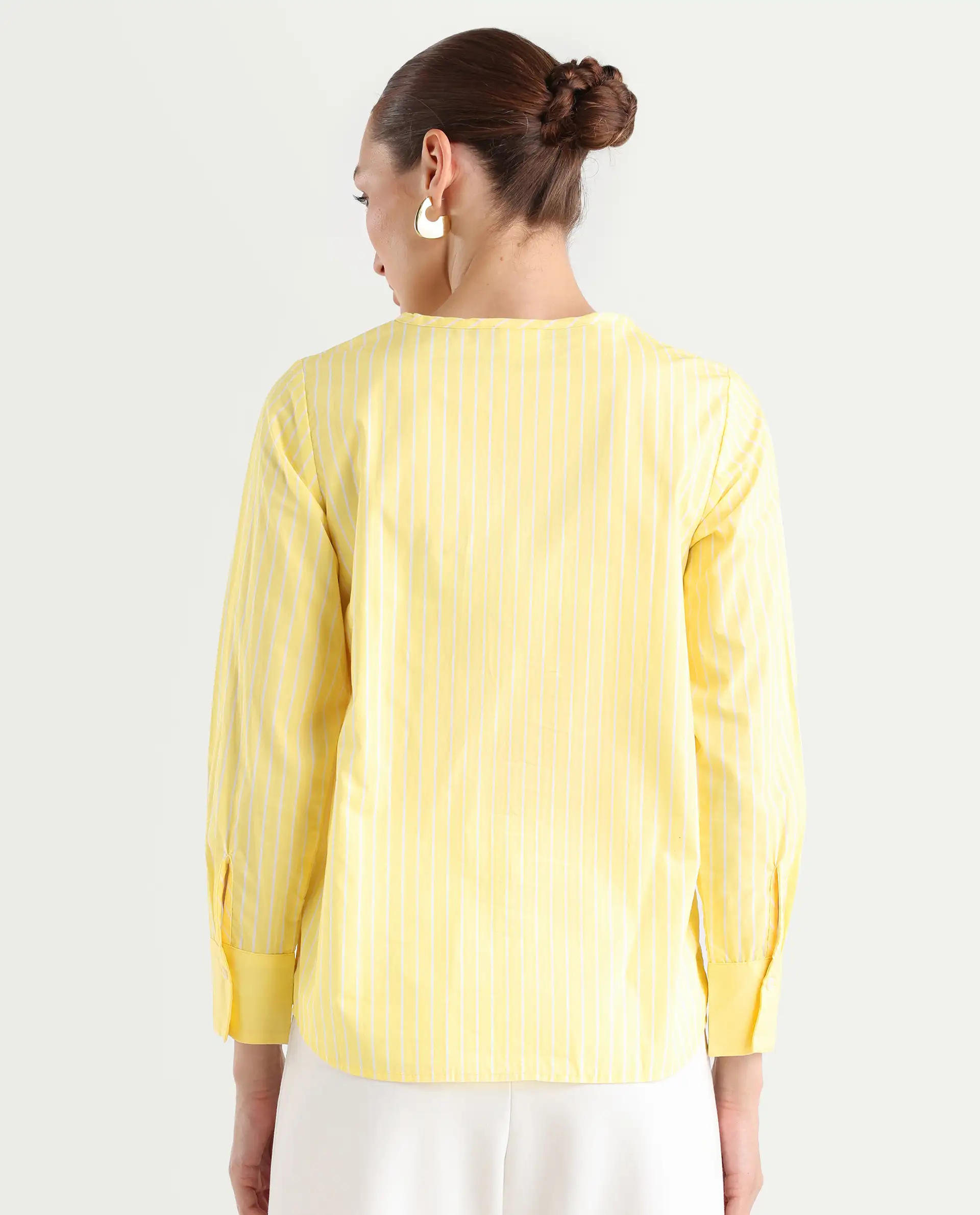 Rareism Women's Zelma Yellow Cotton Crew Neck Striped Cuffed Sleeve Regular Fit Top - Image 8