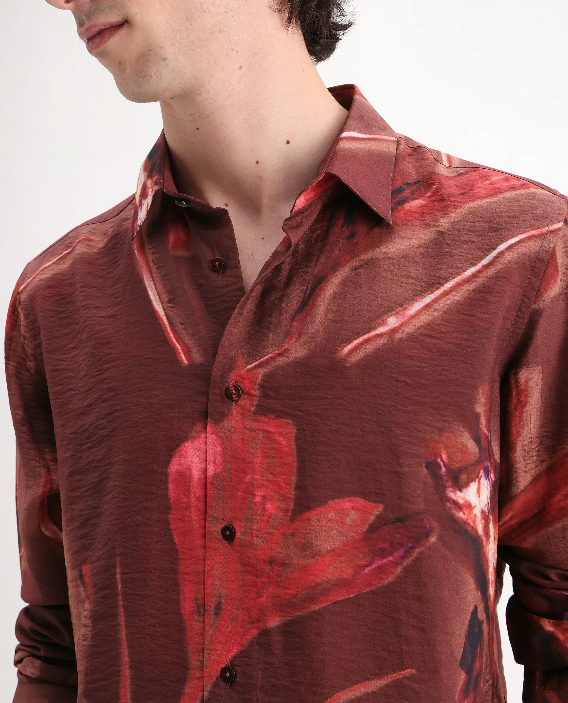 Rare Rabbit Men's Zelo Dusky Red Viscose Blend Floral Print Regular Fit Full Sleeve Collared Shirt - Image 3