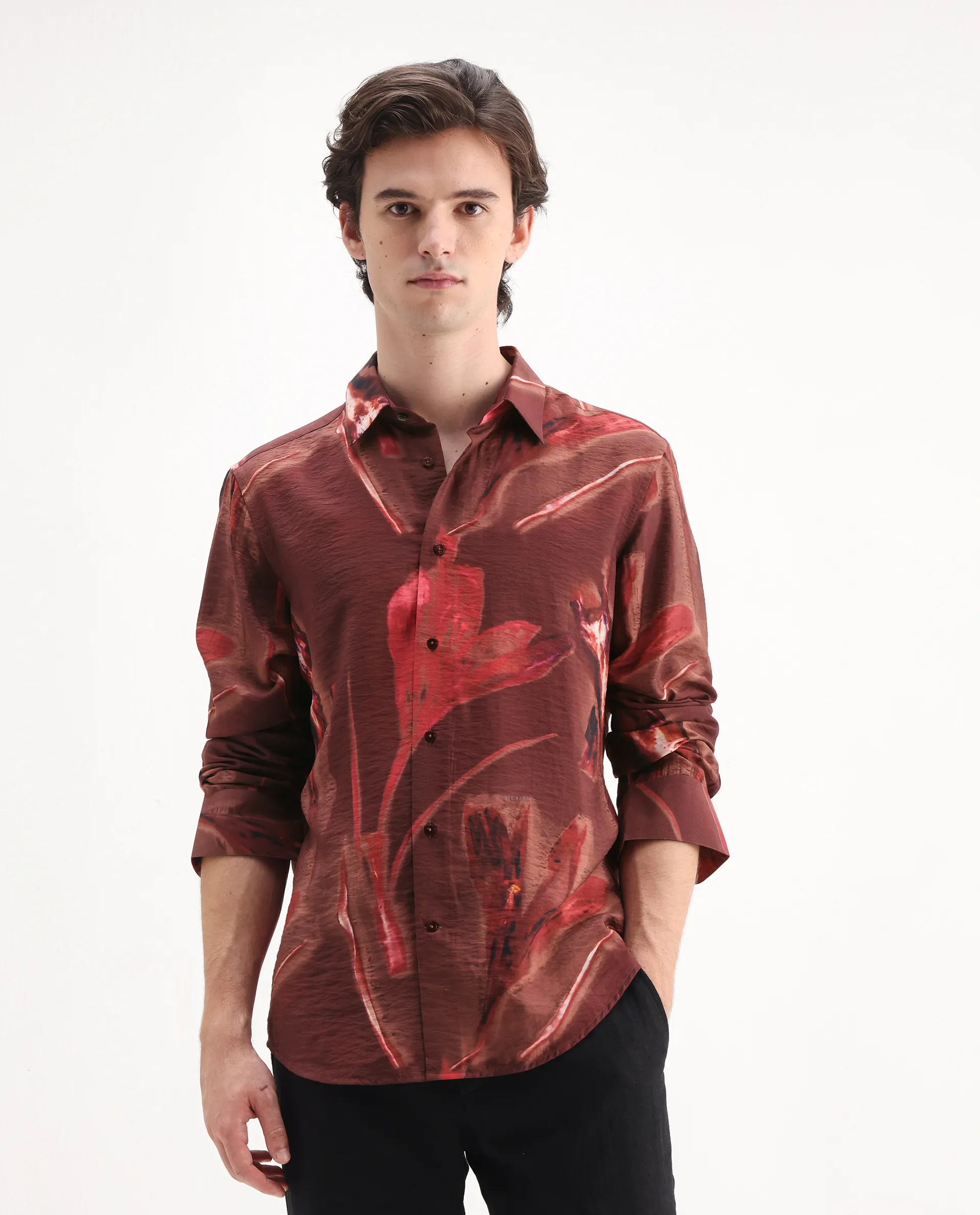 Rare Rabbit Men's Zelo Dusky Red Viscose Blend Floral Print Regular Fit Full Sleeve Collared Shirt - Image 4