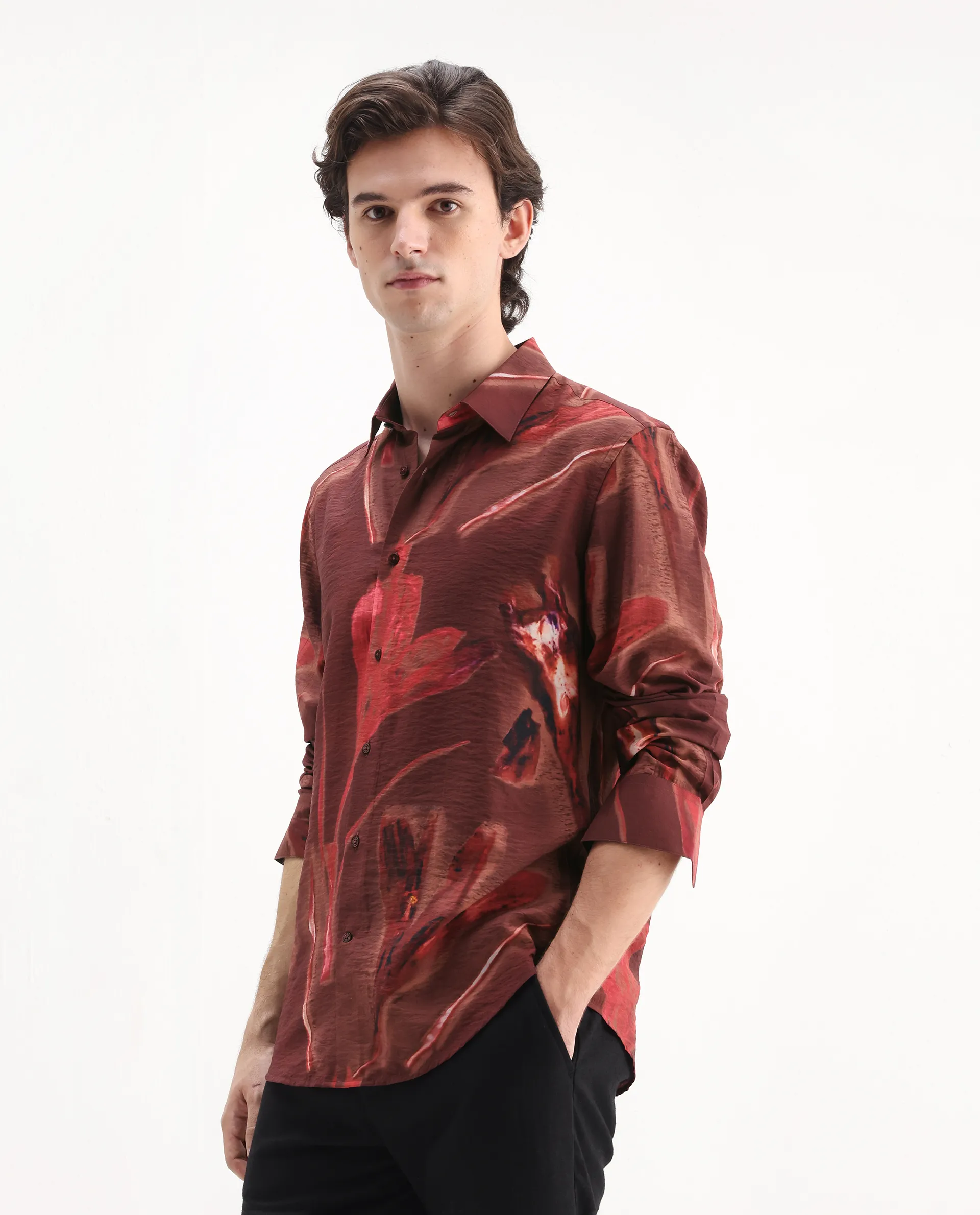 Rare Rabbit Men's Zelo Dusky Red Viscose Blend Floral Print Regular Fit Full Sleeve Collared Shirt - Image 5