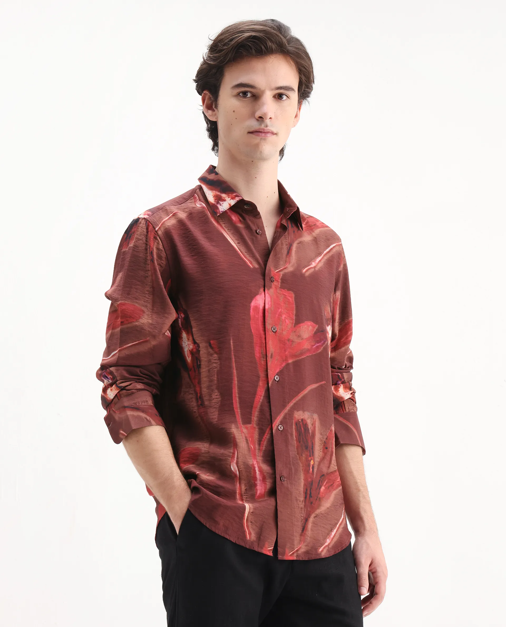 Rare Rabbit Men's Zelo Dusky Red Viscose Blend Floral Print Regular Fit Full Sleeve Collared Shirt - Image 6