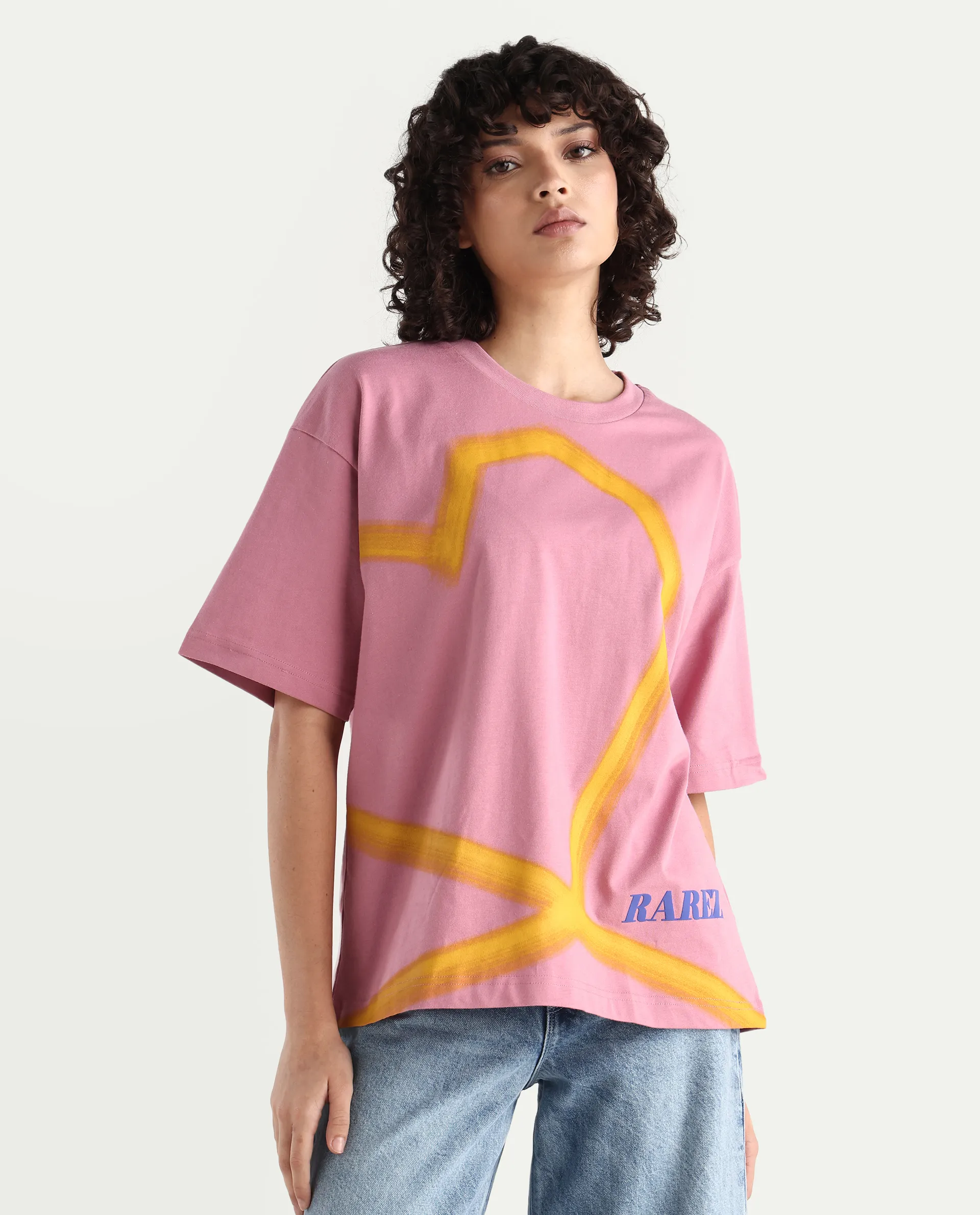 Rareism Women's Zelzo Pink Cotton Graphic Print Oversized T-Shirt - Image 3