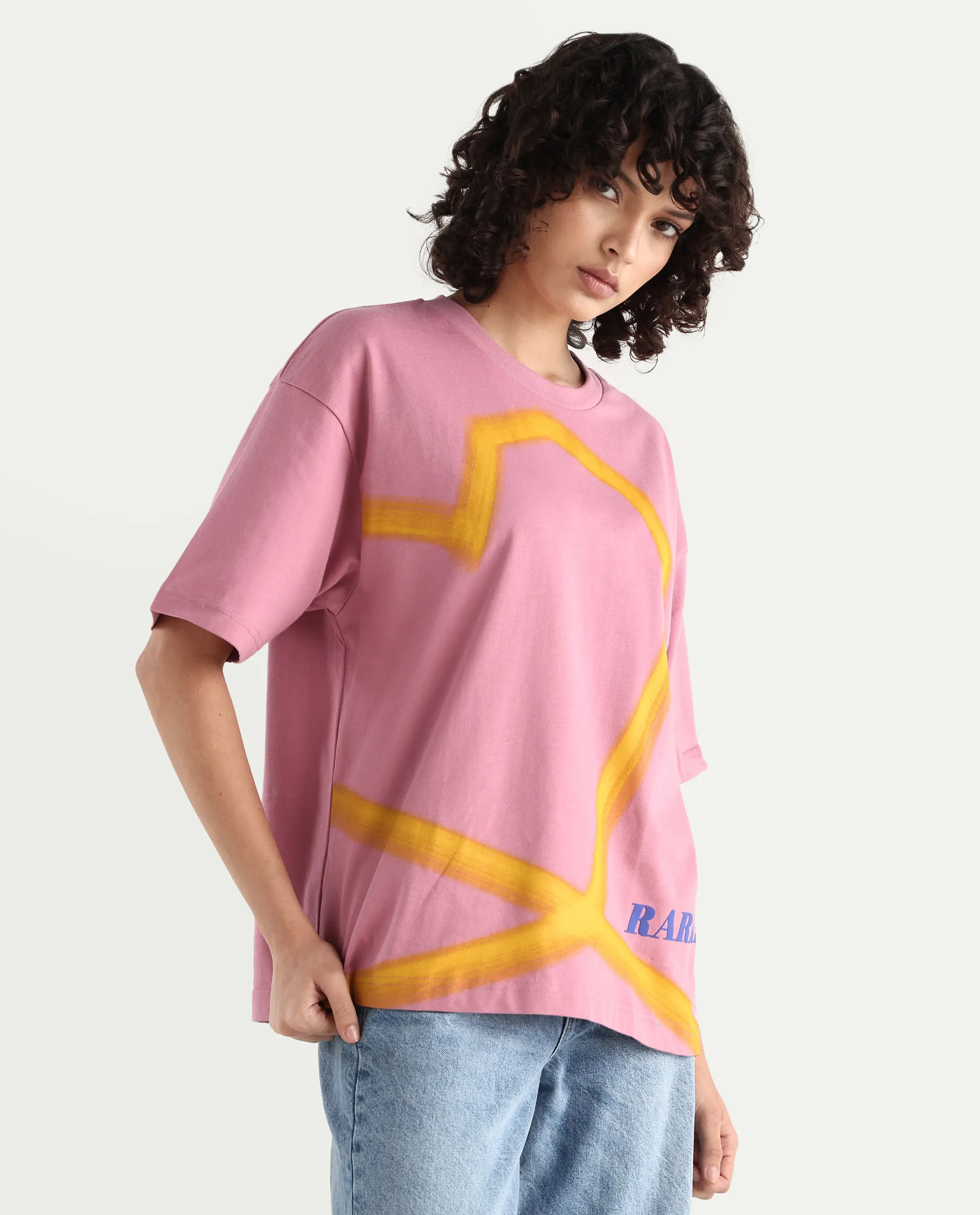 Rareism Women's Zelzo Pink Cotton Graphic Print Oversized T-Shirt - Image 6