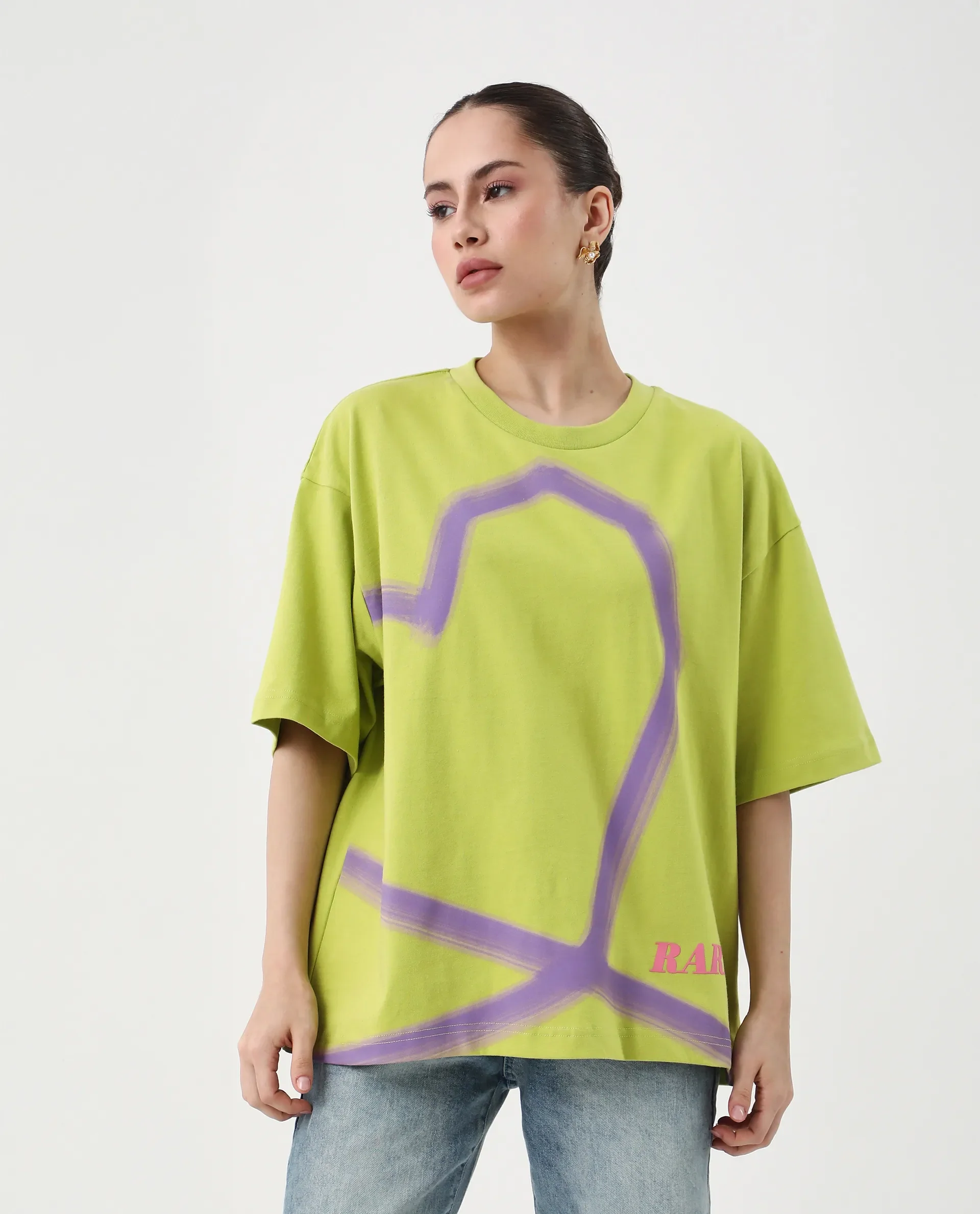 Rareism Women's Zelzo Green Cotton Graphic Print Oversized T-Shirt - Image 3