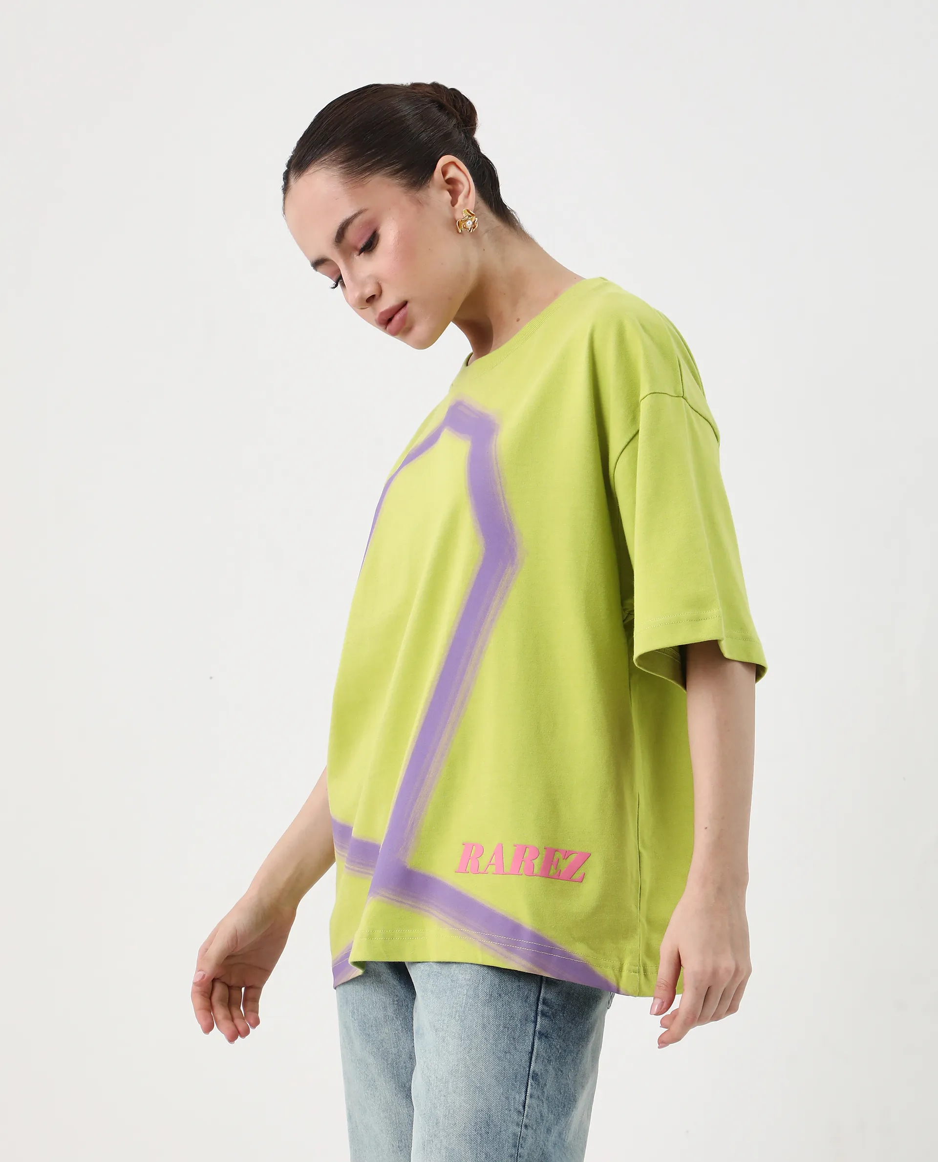 Rareism Women's Zelzo Green Cotton Graphic Print Oversized T-Shirt - Image 4
