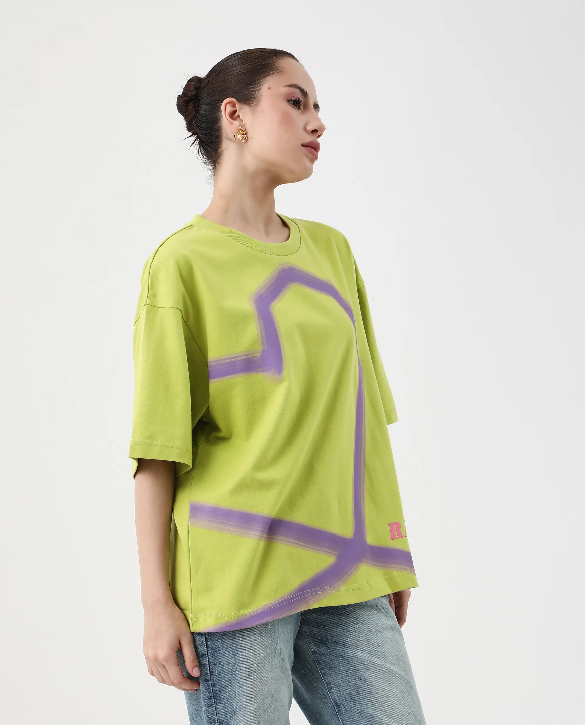 Rareism Women's Zelzo Green Cotton Graphic Print Oversized T-Shirt - Image 5