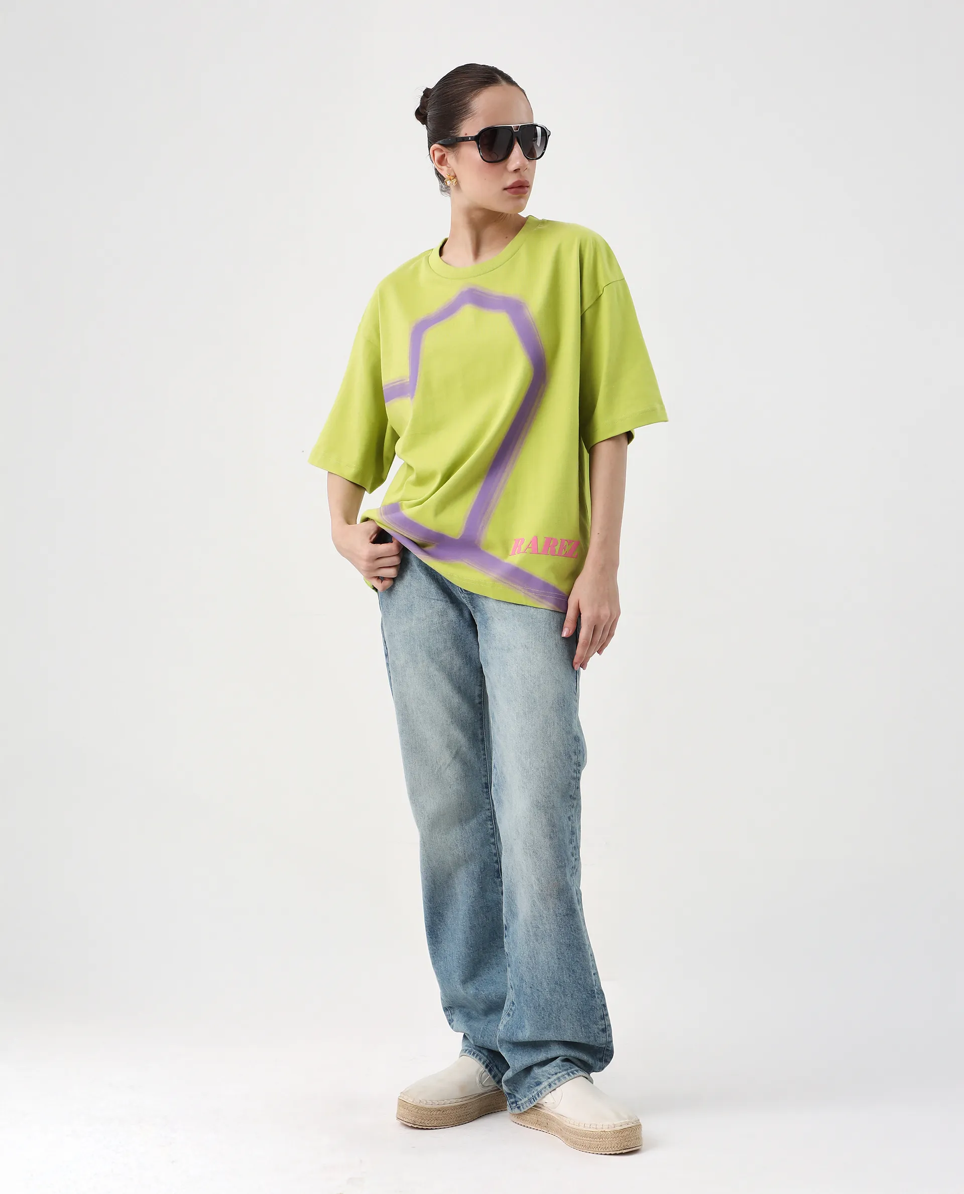 Rareism Women's Zelzo Green Cotton Graphic Print Oversized T-Shirt - Image 6