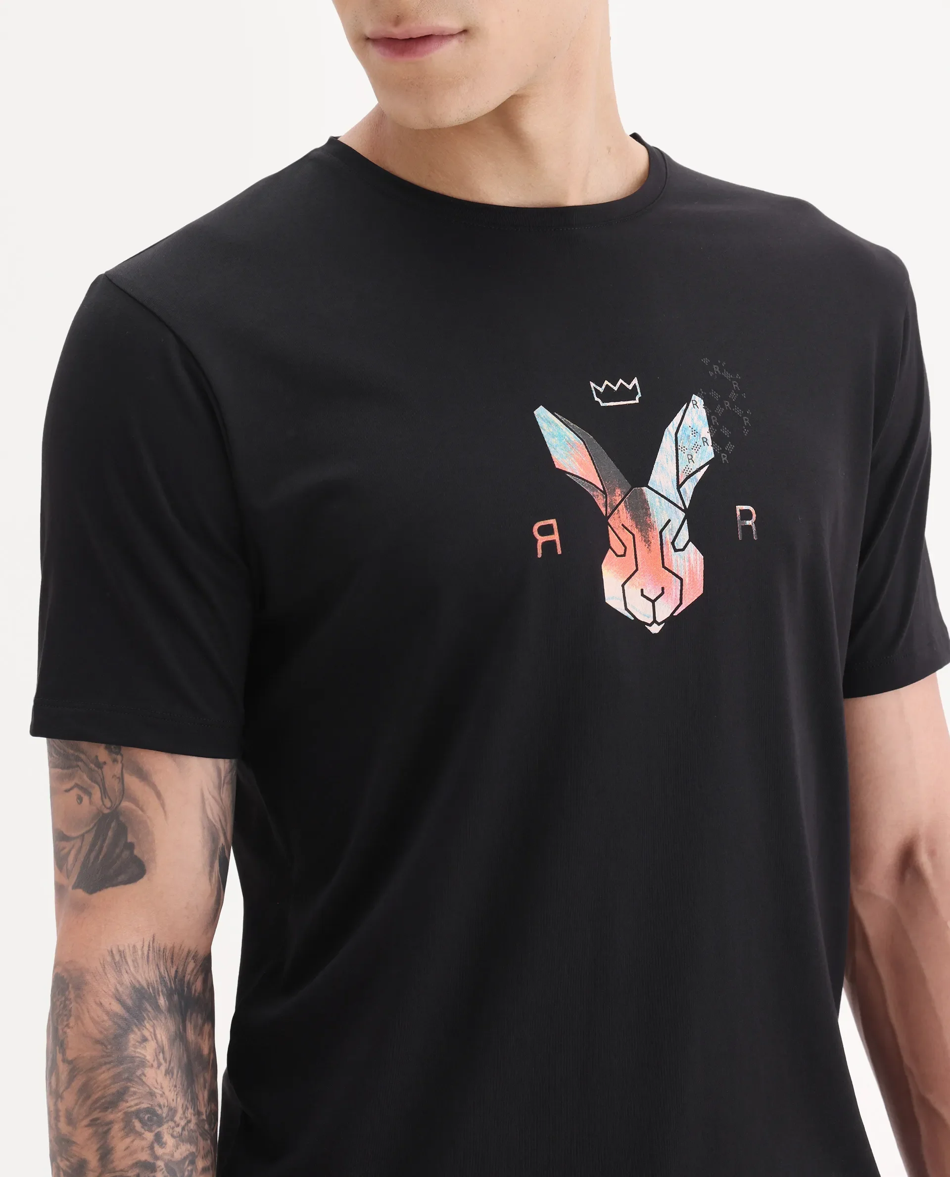 Rare Rabbit Men's Zemi Black Cotton Blend Graphic Print Regular Fit Half Sleeve Crew Neck T-Shirt - Image 3