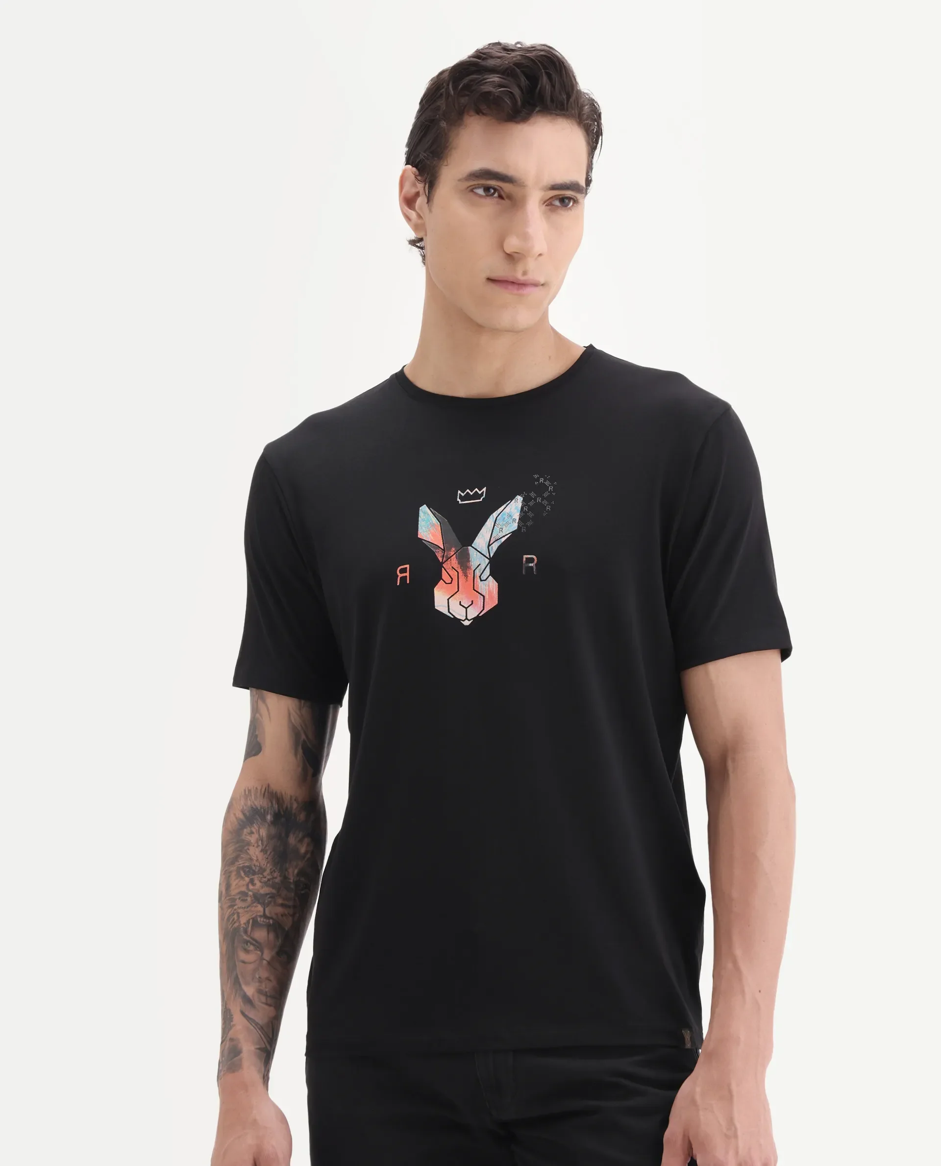 Rare Rabbit Men's Zemi Black Cotton Blend Graphic Print Regular Fit Half Sleeve Crew Neck T-Shirt - Image 4
