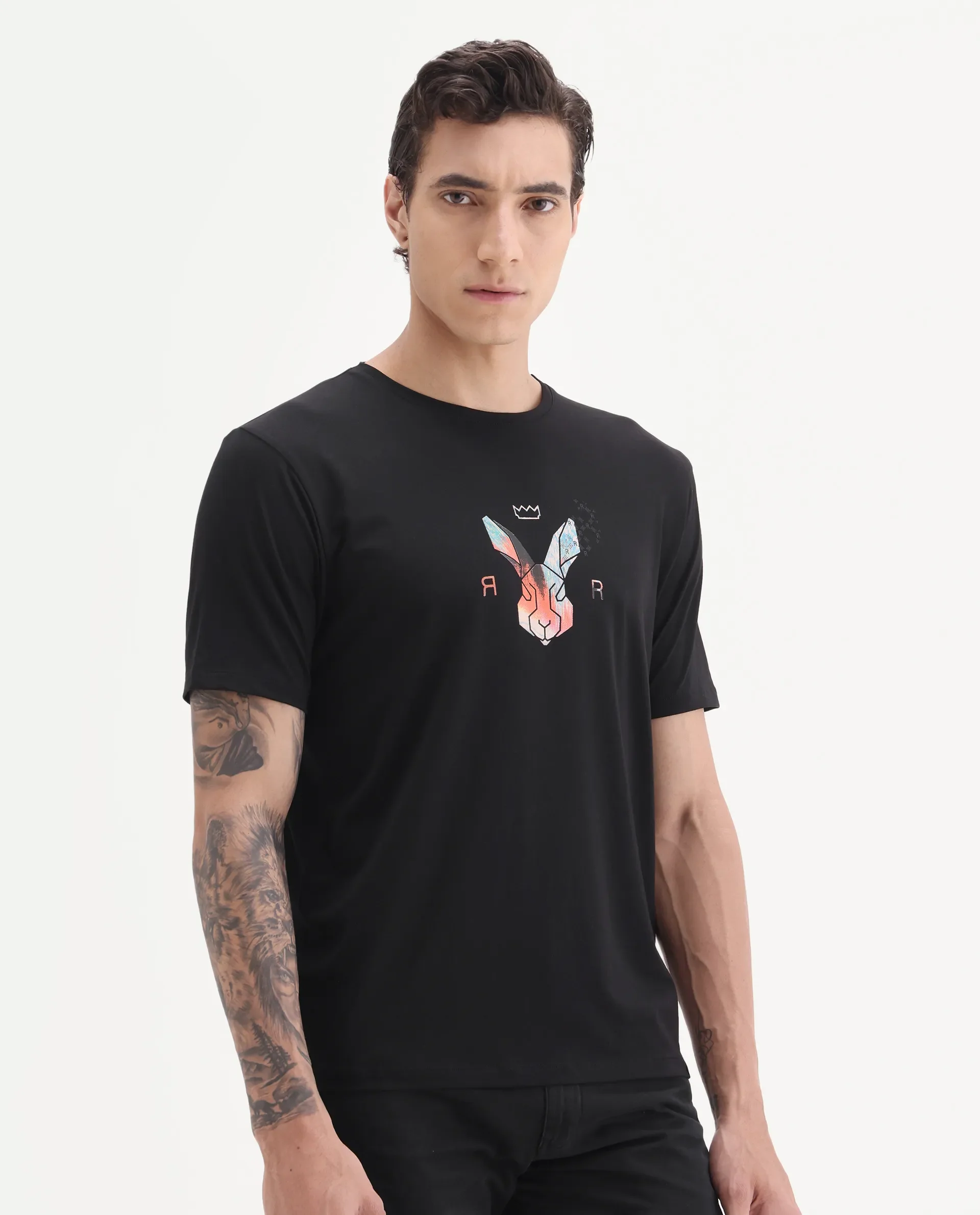 Rare Rabbit Men's Zemi Black Cotton Blend Graphic Print Regular Fit Half Sleeve Crew Neck T-Shirt - Image 5
