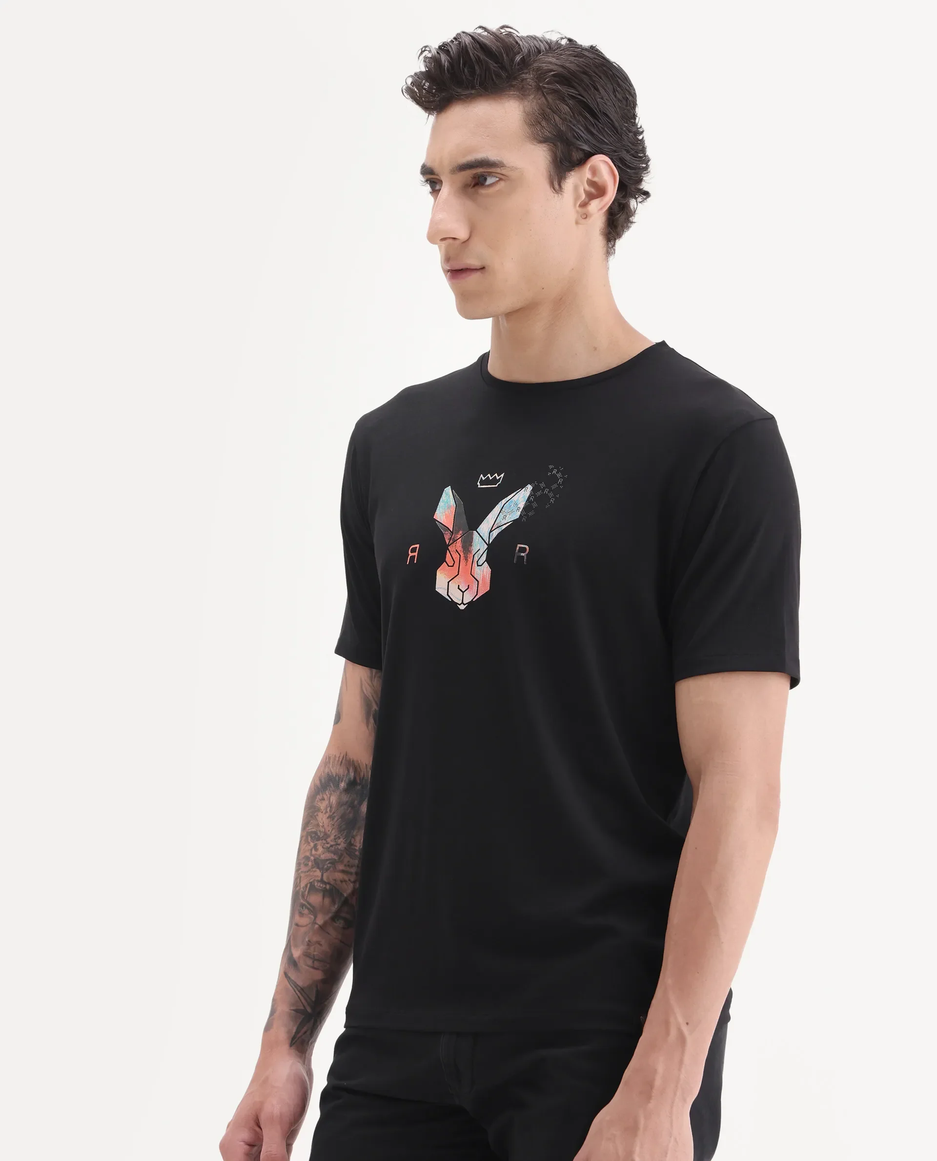 Rare Rabbit Men's Zemi Black Cotton Blend Graphic Print Regular Fit Half Sleeve Crew Neck T-Shirt - Image 6