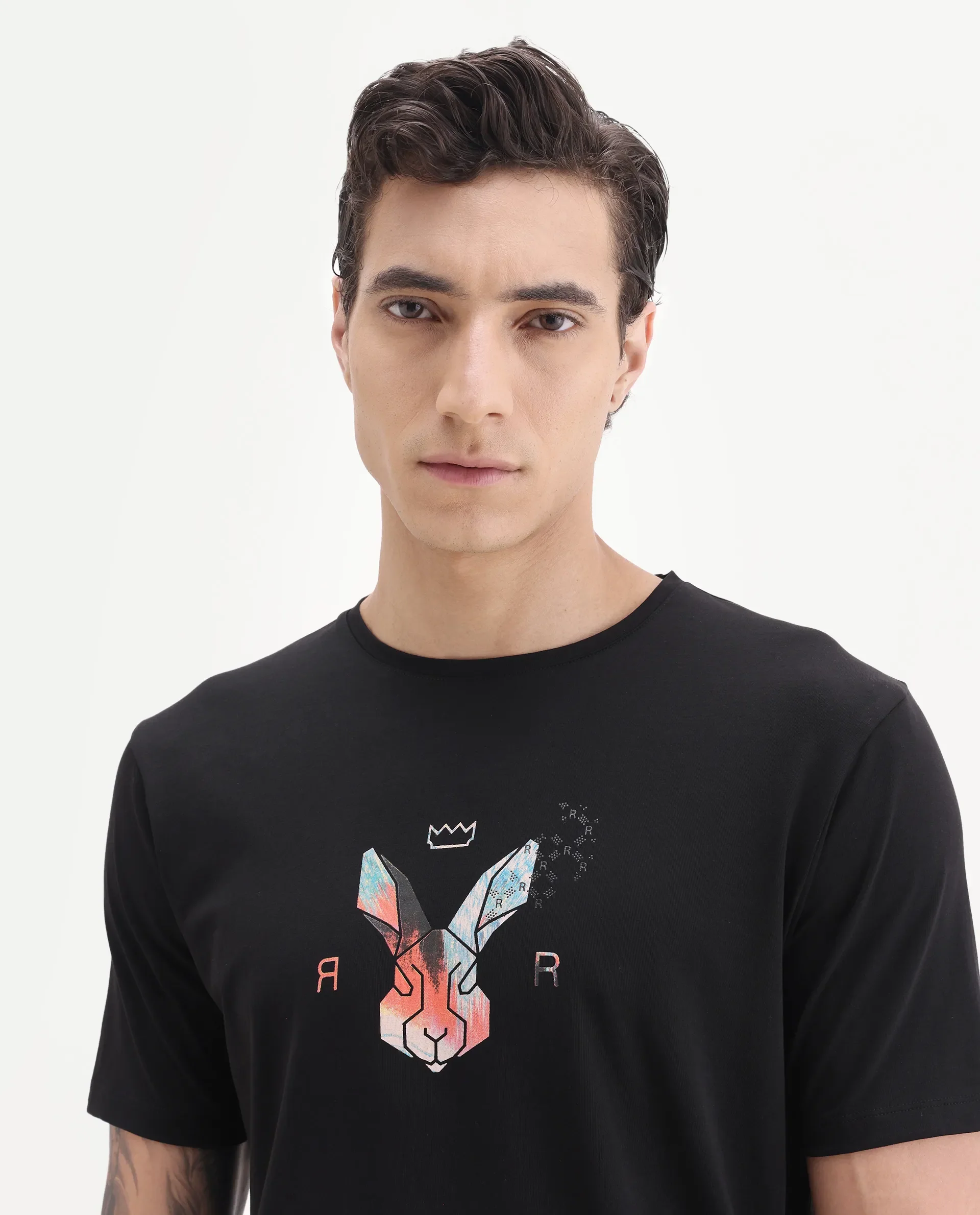 Rare Rabbit Men's Zemi Black Cotton Blend Graphic Print Regular Fit Half Sleeve Crew Neck T-Shirt - Image 7