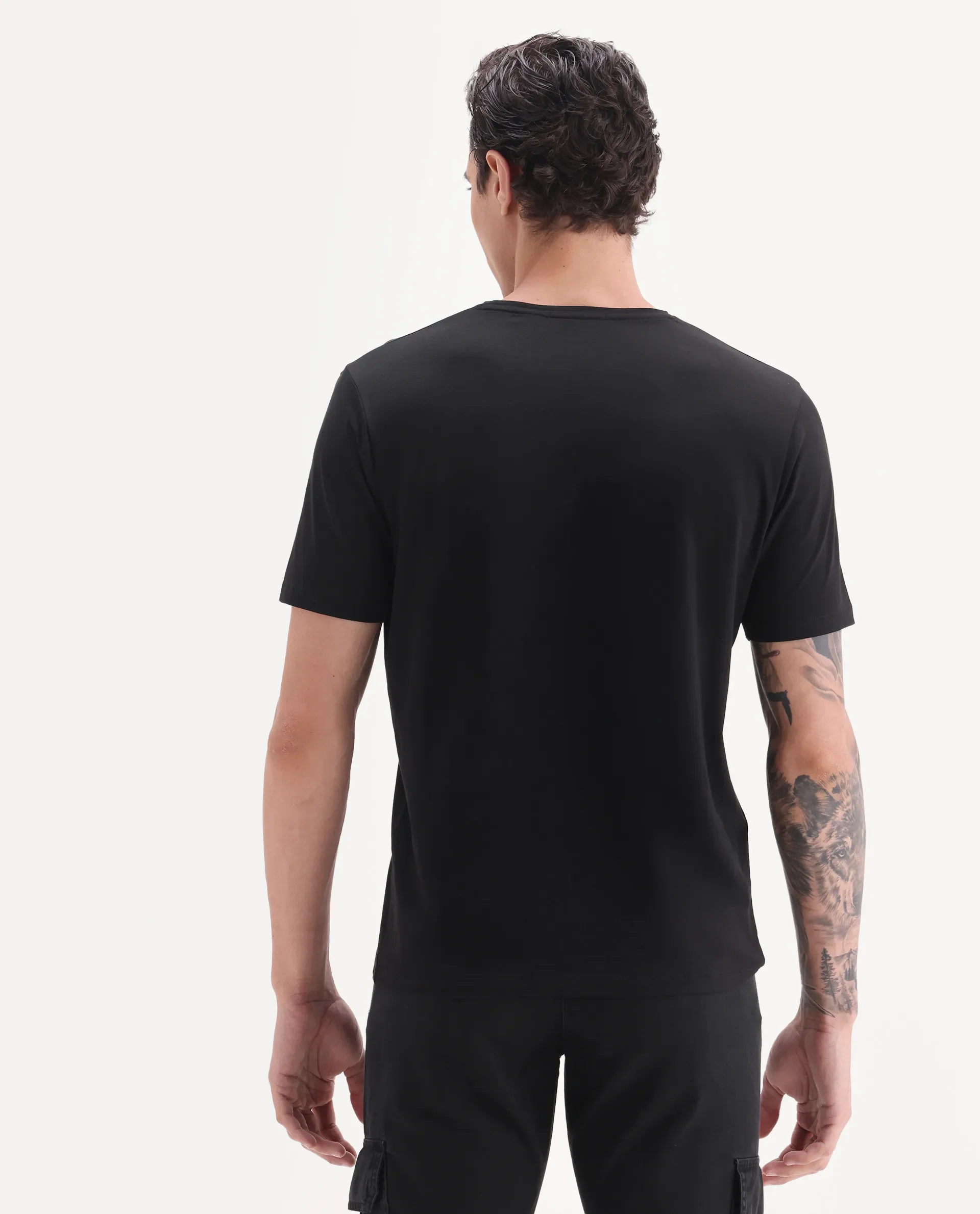Rare Rabbit Men's Zemi Black Cotton Blend Graphic Print Regular Fit Half Sleeve Crew Neck T-Shirt - Image 8