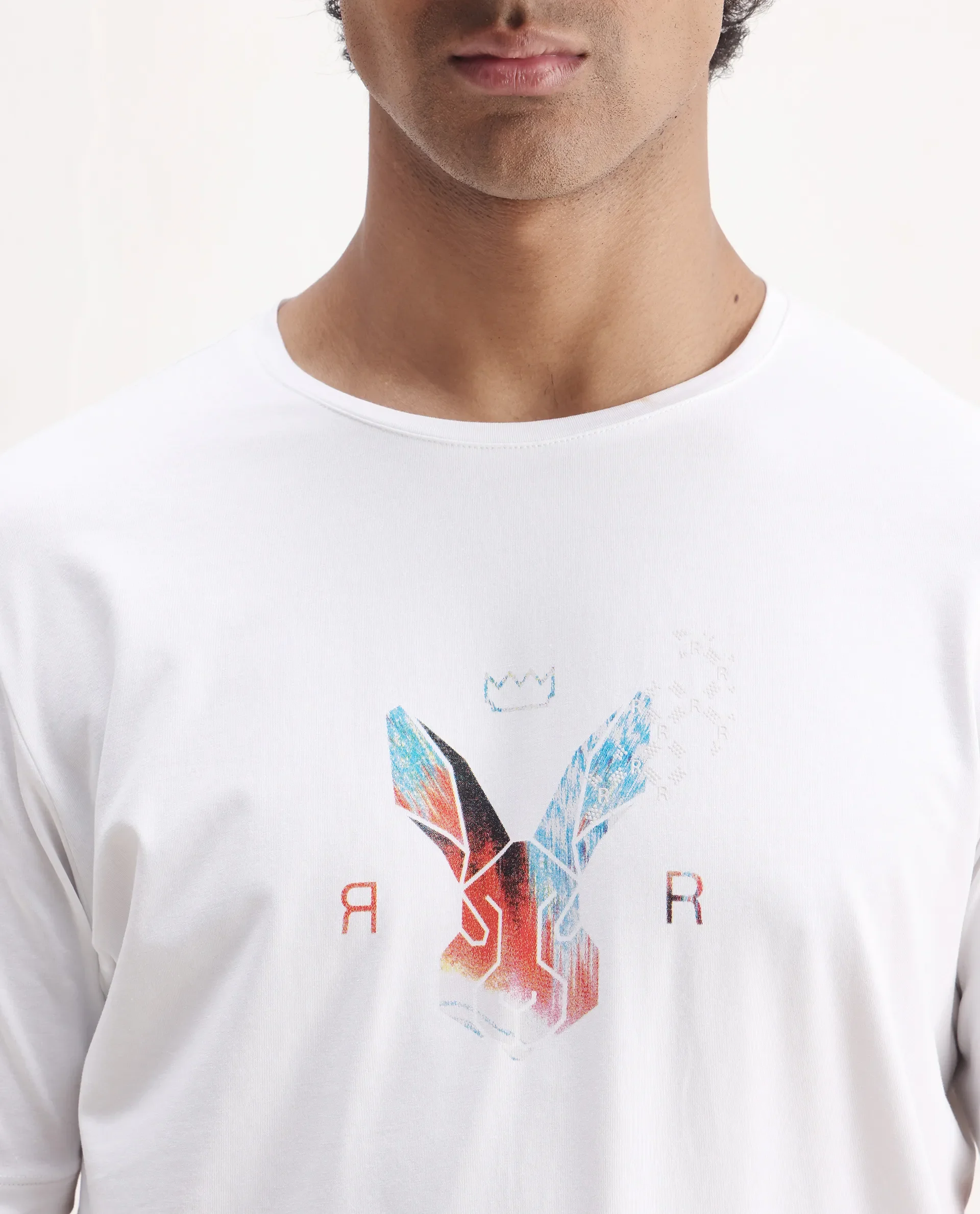 Rare Rabbit Men's Zemi White Cotton Blend Graphic Print Regular Fit Half Sleeve Crew Neck T-Shirt - Image 4