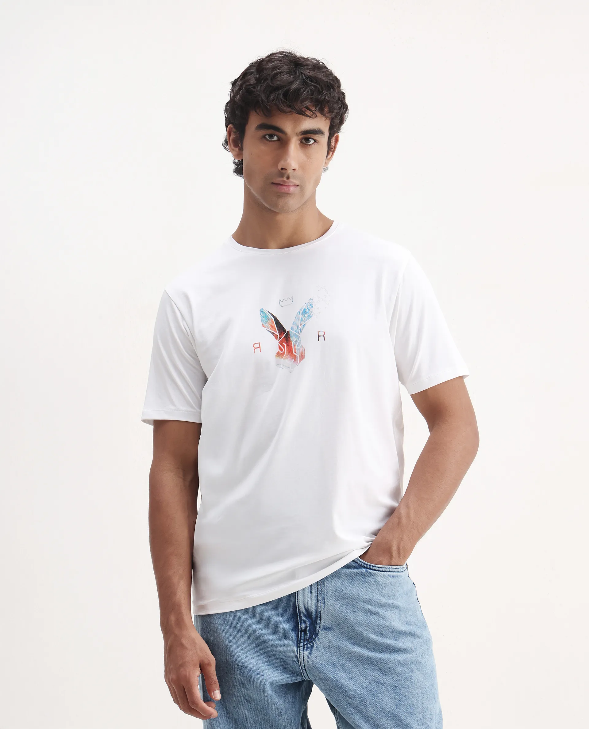 Rare Rabbit Men's Zemi White Cotton Blend Graphic Print Regular Fit Half Sleeve Crew Neck T-Shirt - Image 5